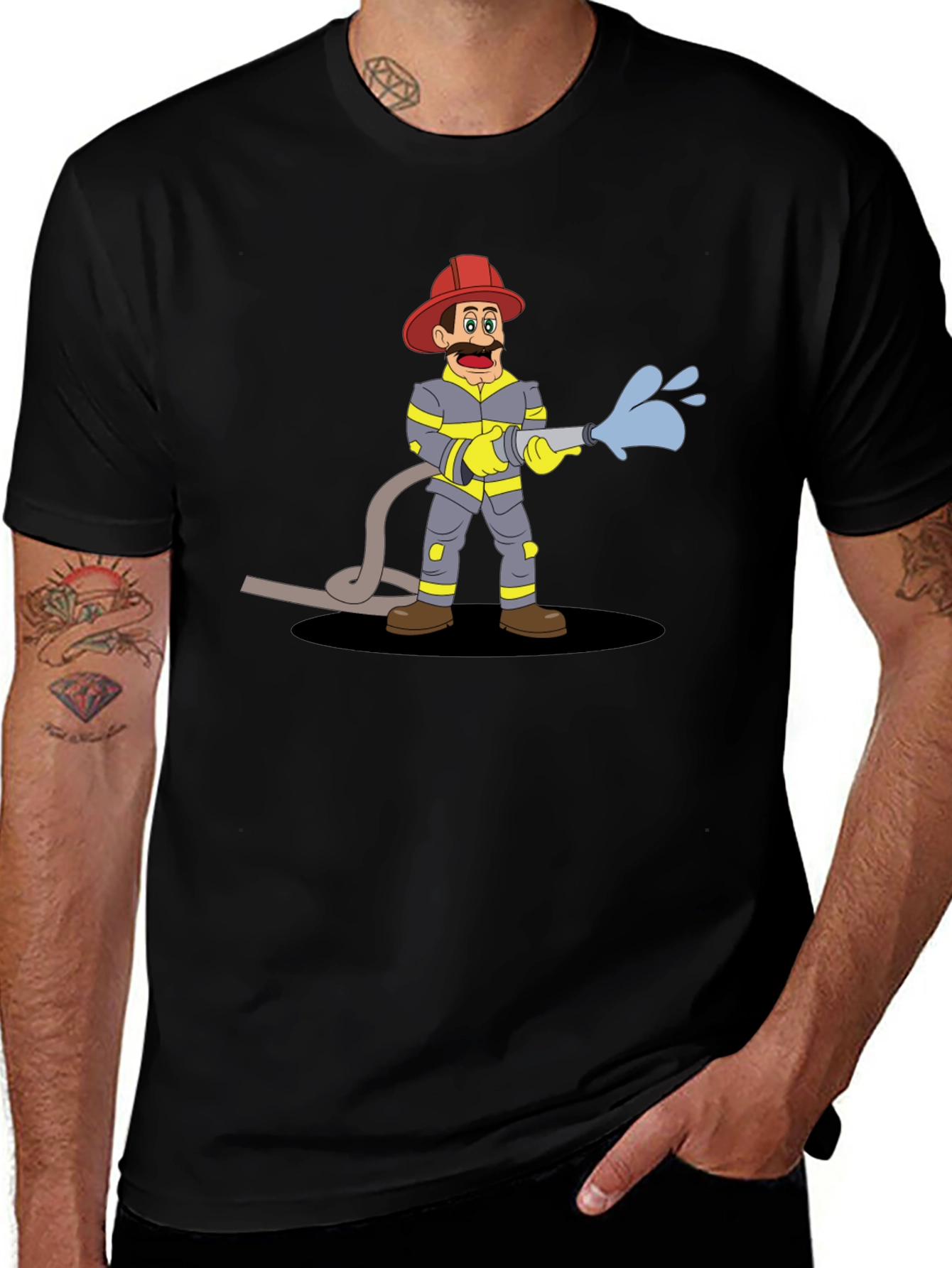 Variant 4 of Cartoon Fireman Graphic Tee - Black