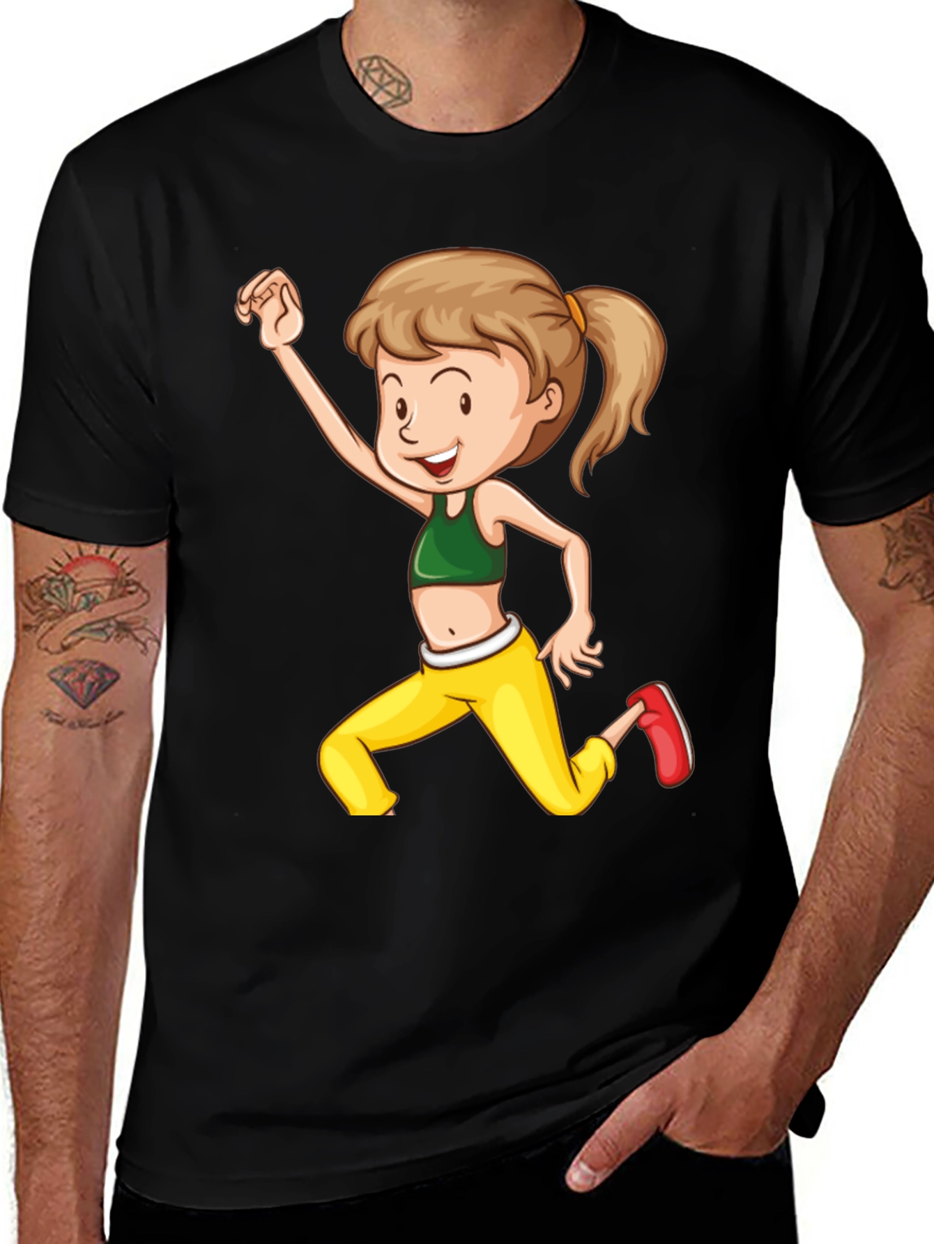 Fun Cartoon Girl Print Black T-Shirt