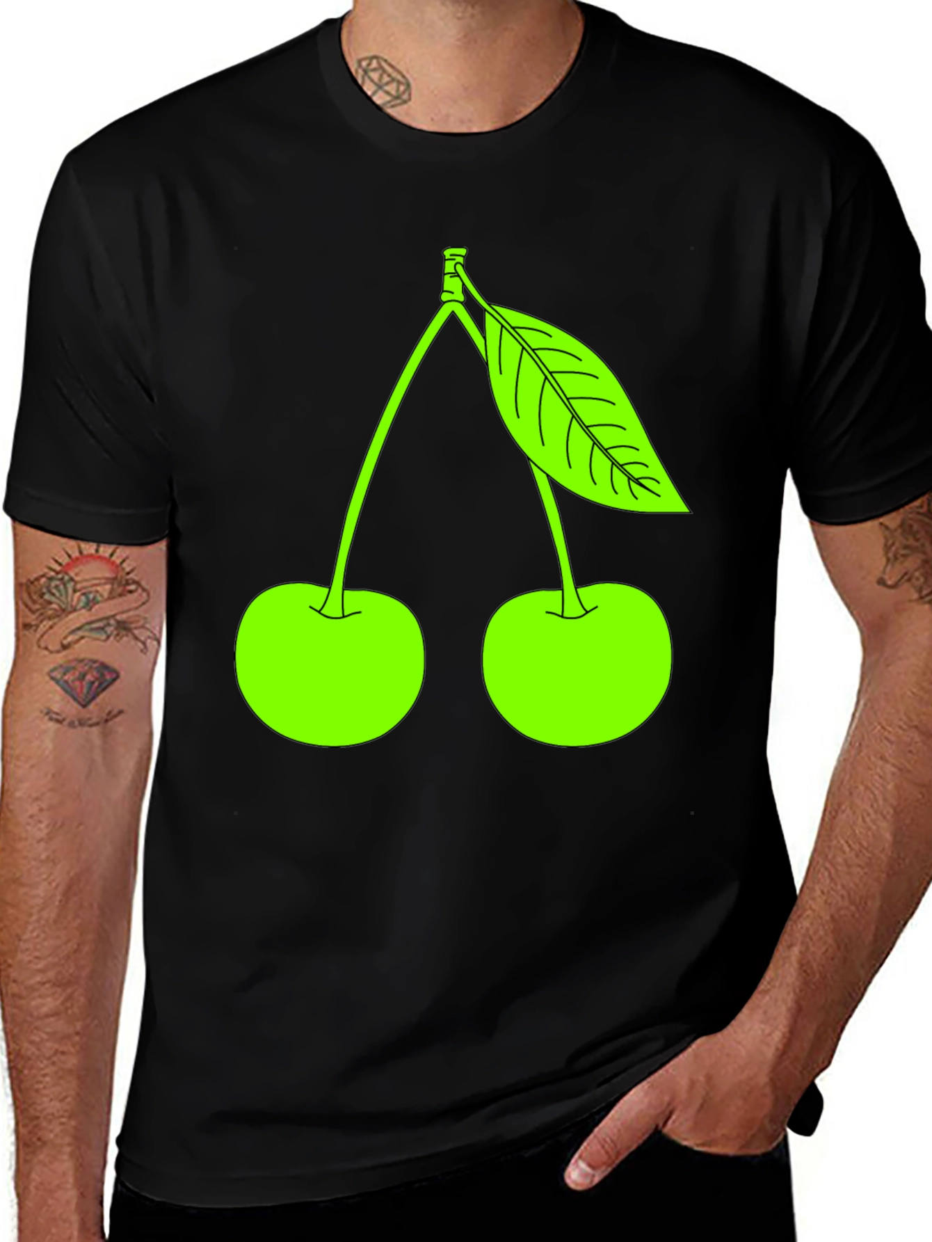 Variant 14 of Neon Green Cherry Graphic Black T-Shirt