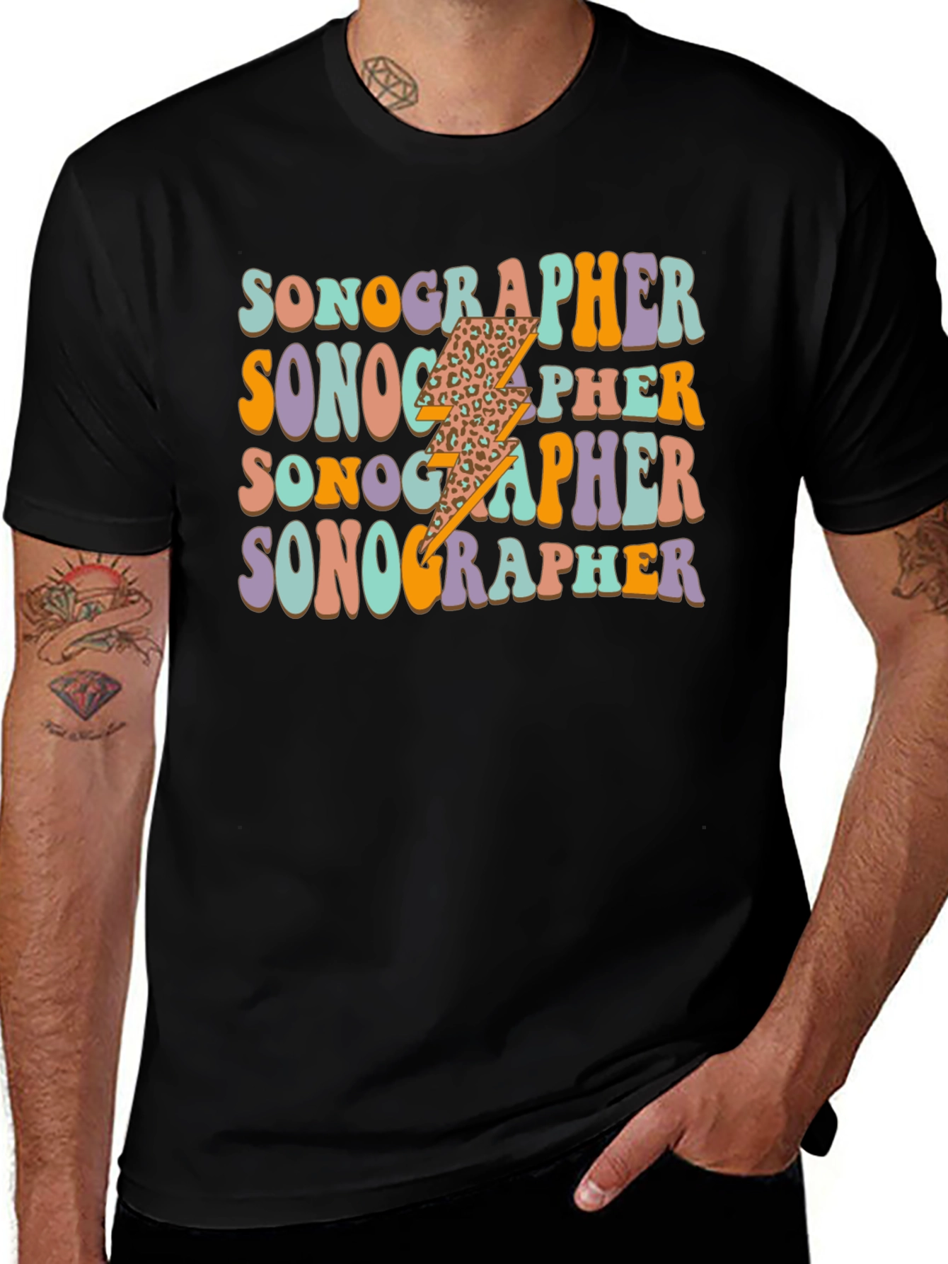 Retro Sonographer T-Shirt - Leopard Lightning Bolt Design