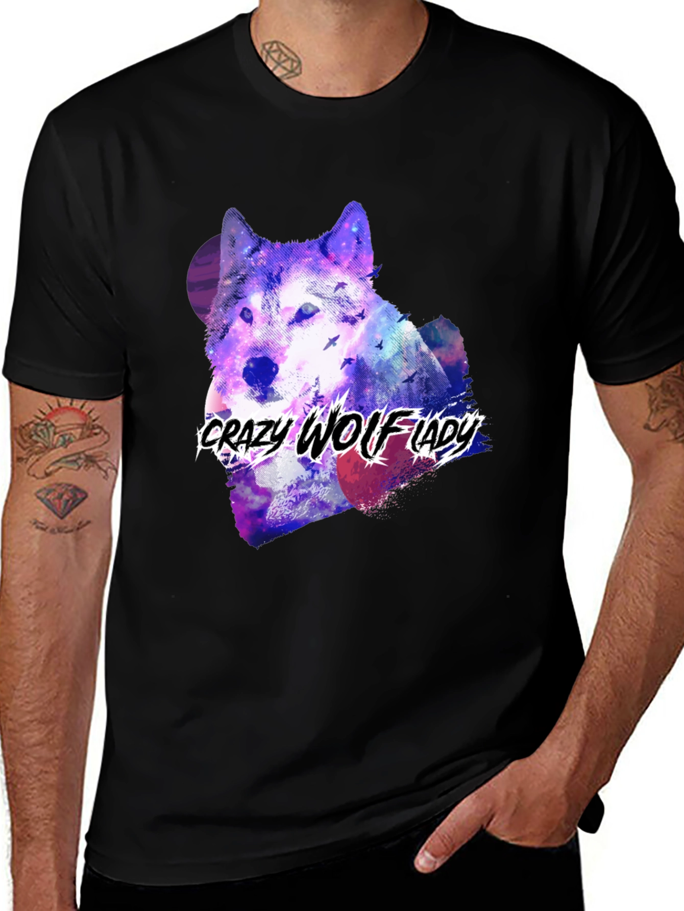 Variant 22 of Crazy Wolf Lady Graphic Tee - Black