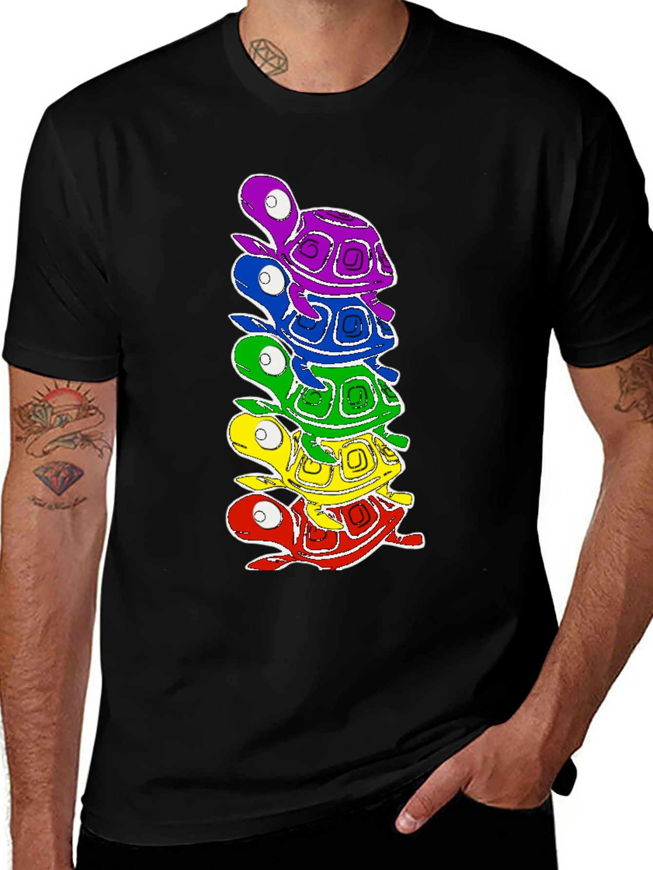 Variant 25 of Stacked Turtles Graphic Tee - Fun Rainbow Design