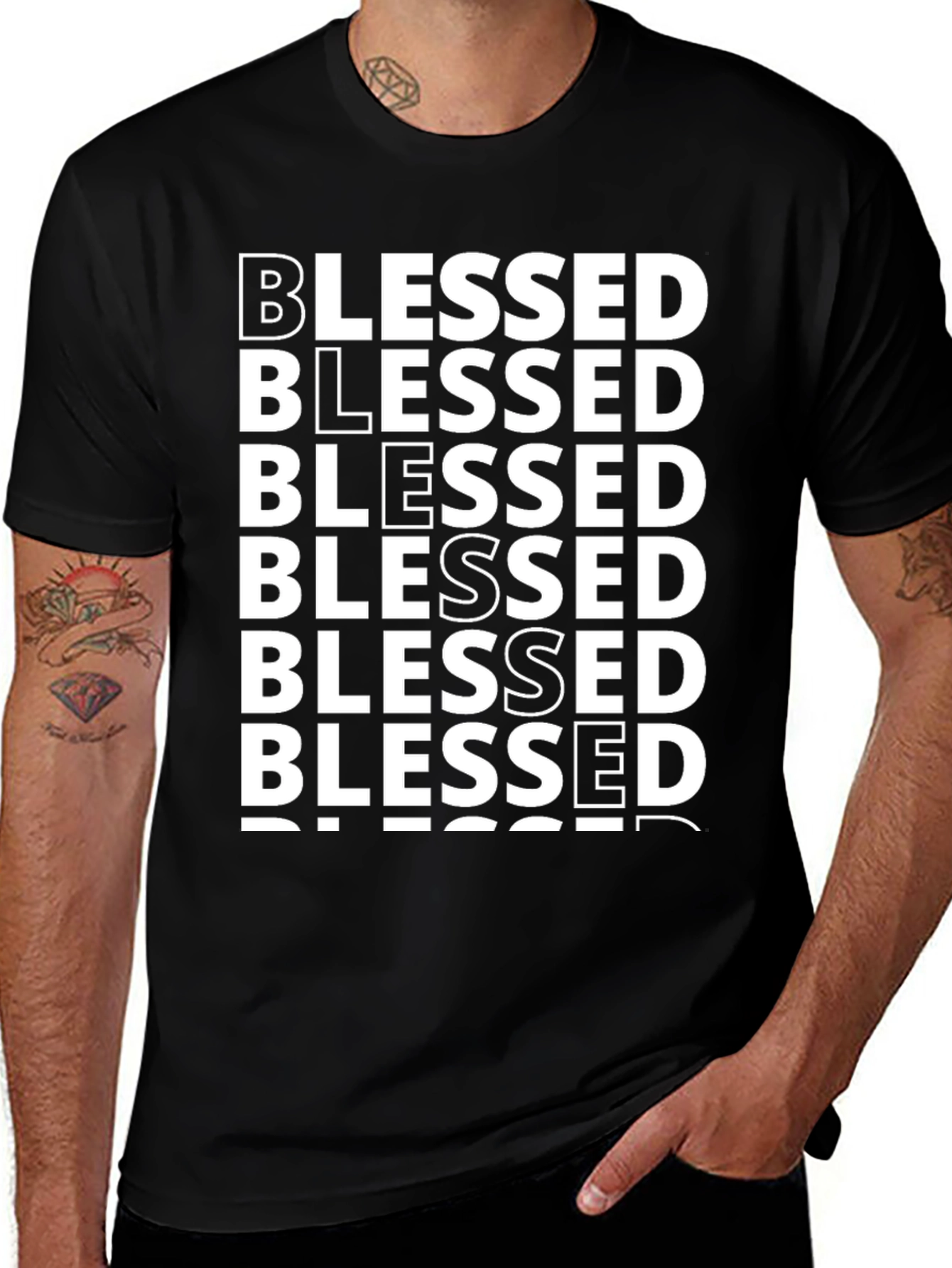Variant 9 of Blessed Stacked Text T-Shirt - Black