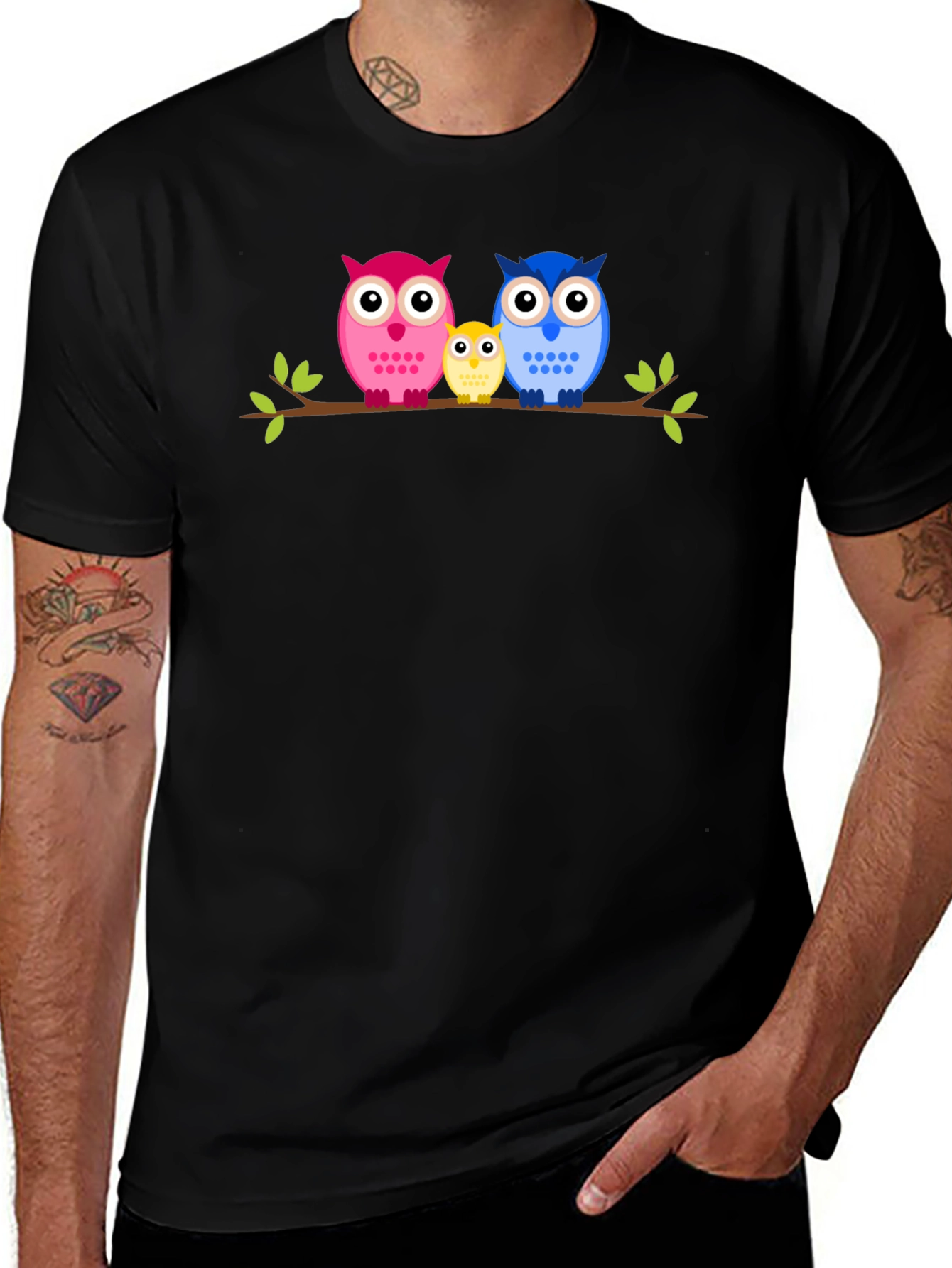 Variant 14 of Owl Family Graphic Black T-Shirt