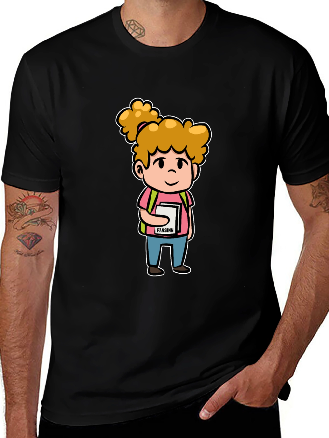 Variant 4 of Cartoon Schoolgirl Graphic Black T-Shirt