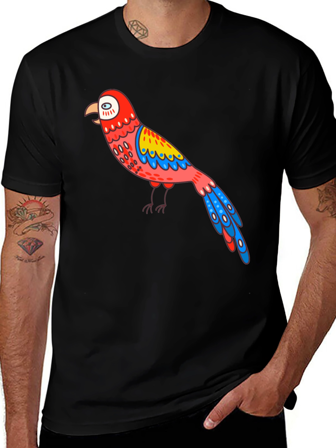 Variant 12 of Men's Black T-Shirt with Colorful Parrot Graphic