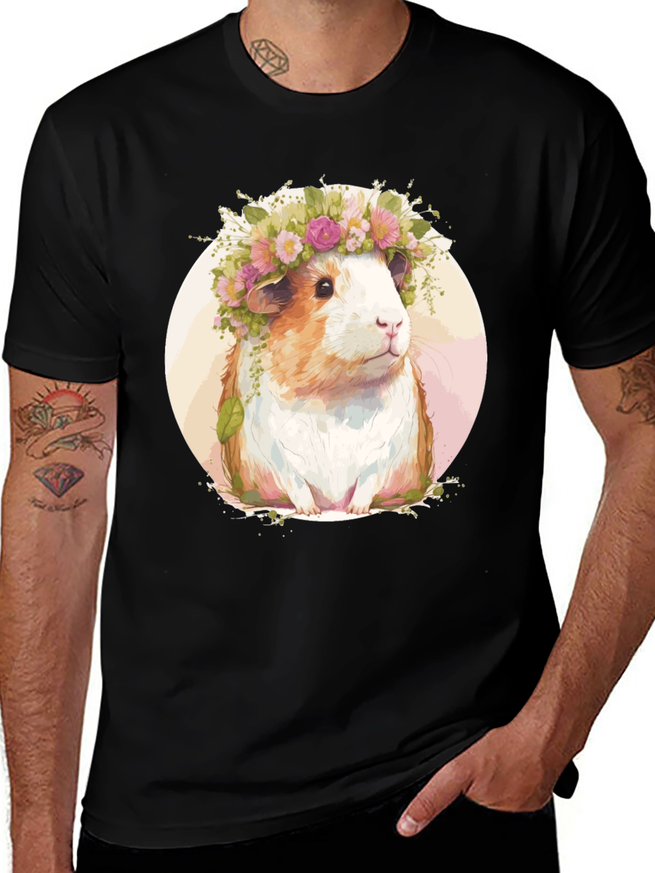 Guinea Pig Floral Crown Black T-Shirt
