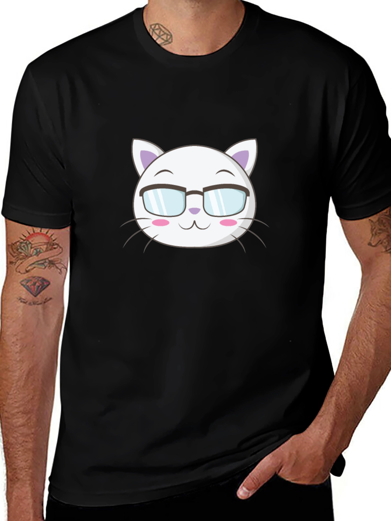 Variant 11 of Cute Cartoon Cat with Glasses T-Shirt - Black
