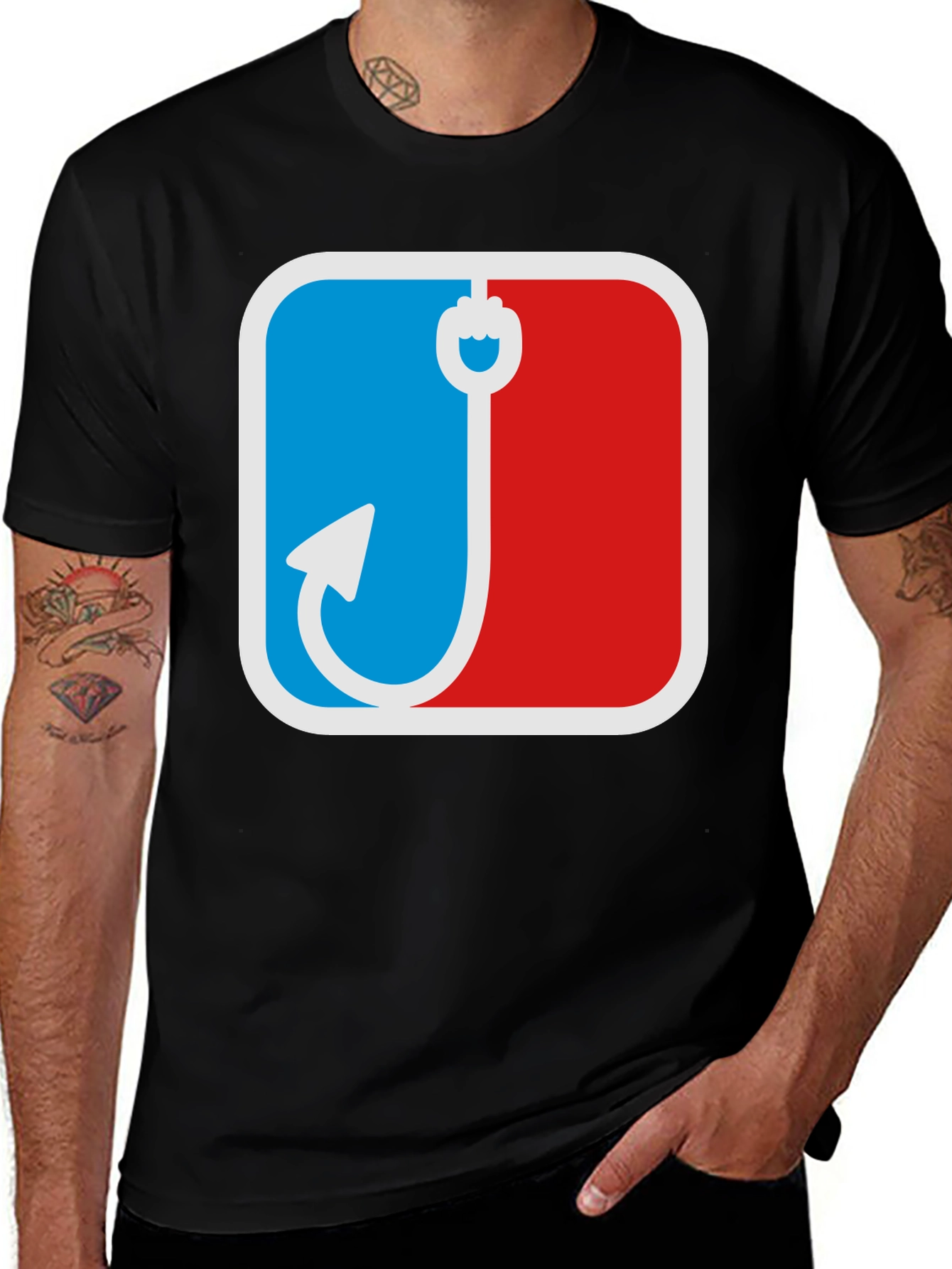 Fishing Hook Graphic Tee - Blue and Red Angler Design