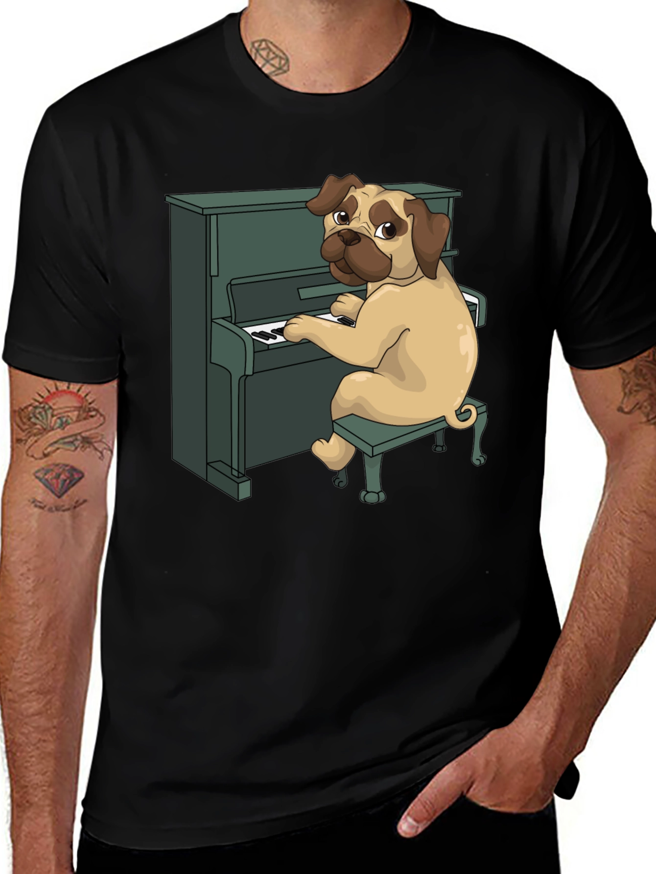 Variant 15 of Pug Playing Piano Graphic Tee - Black Cotton Comfort