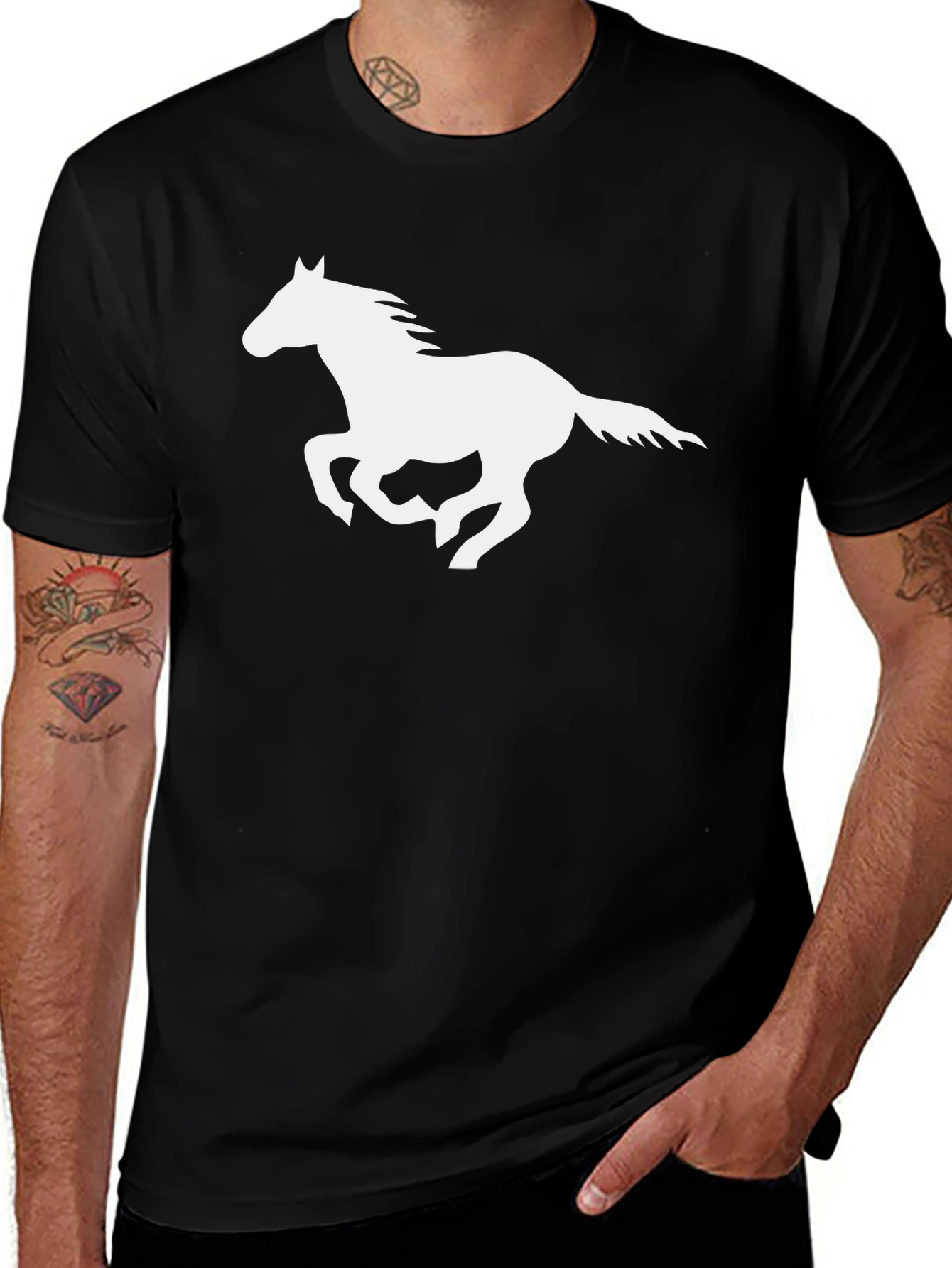 Black T-Shirt with White Horse Graphic