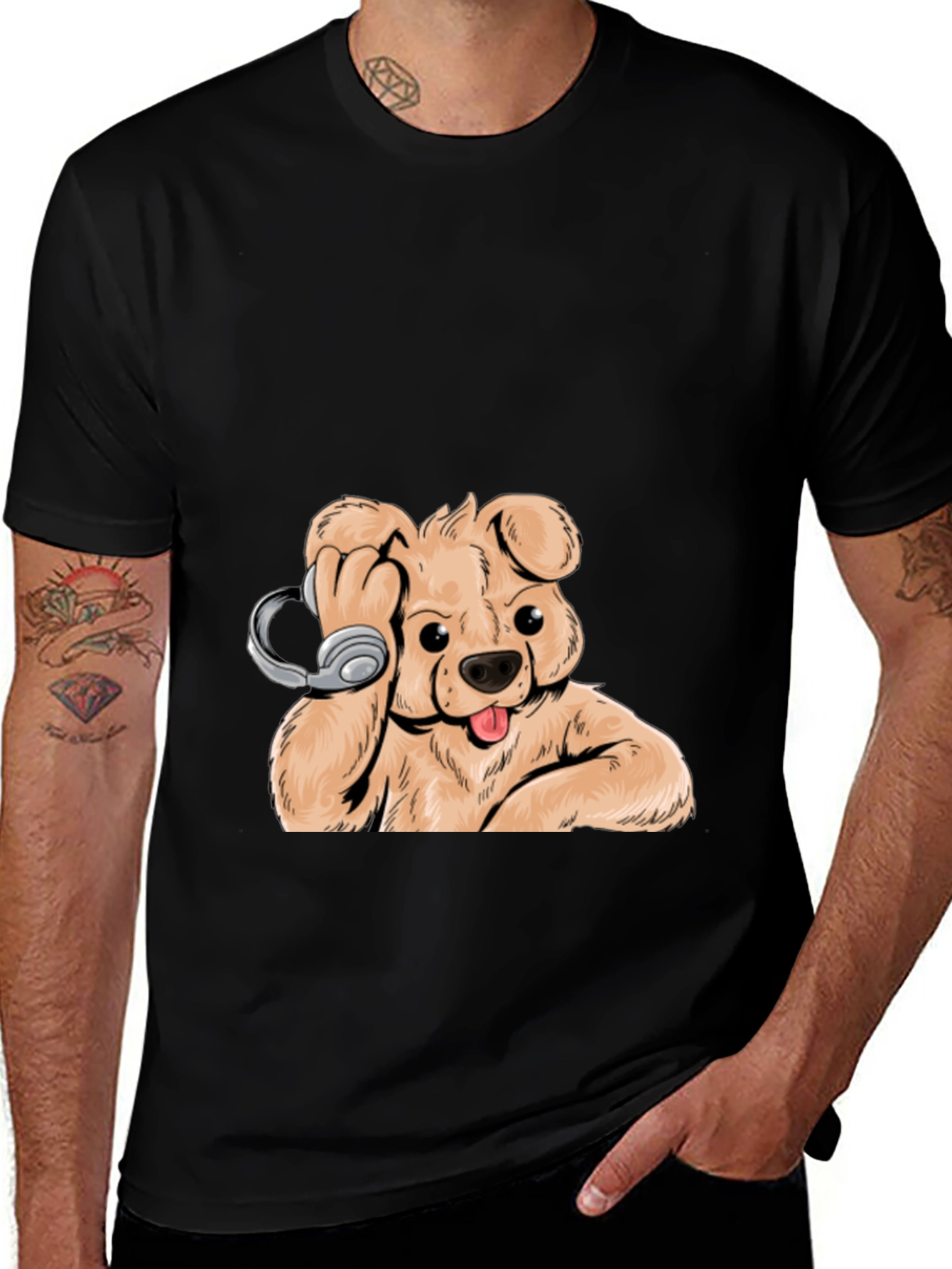 Variant 24 of Dog with Headphones Graphic Tee - Cool Black T-Shirt