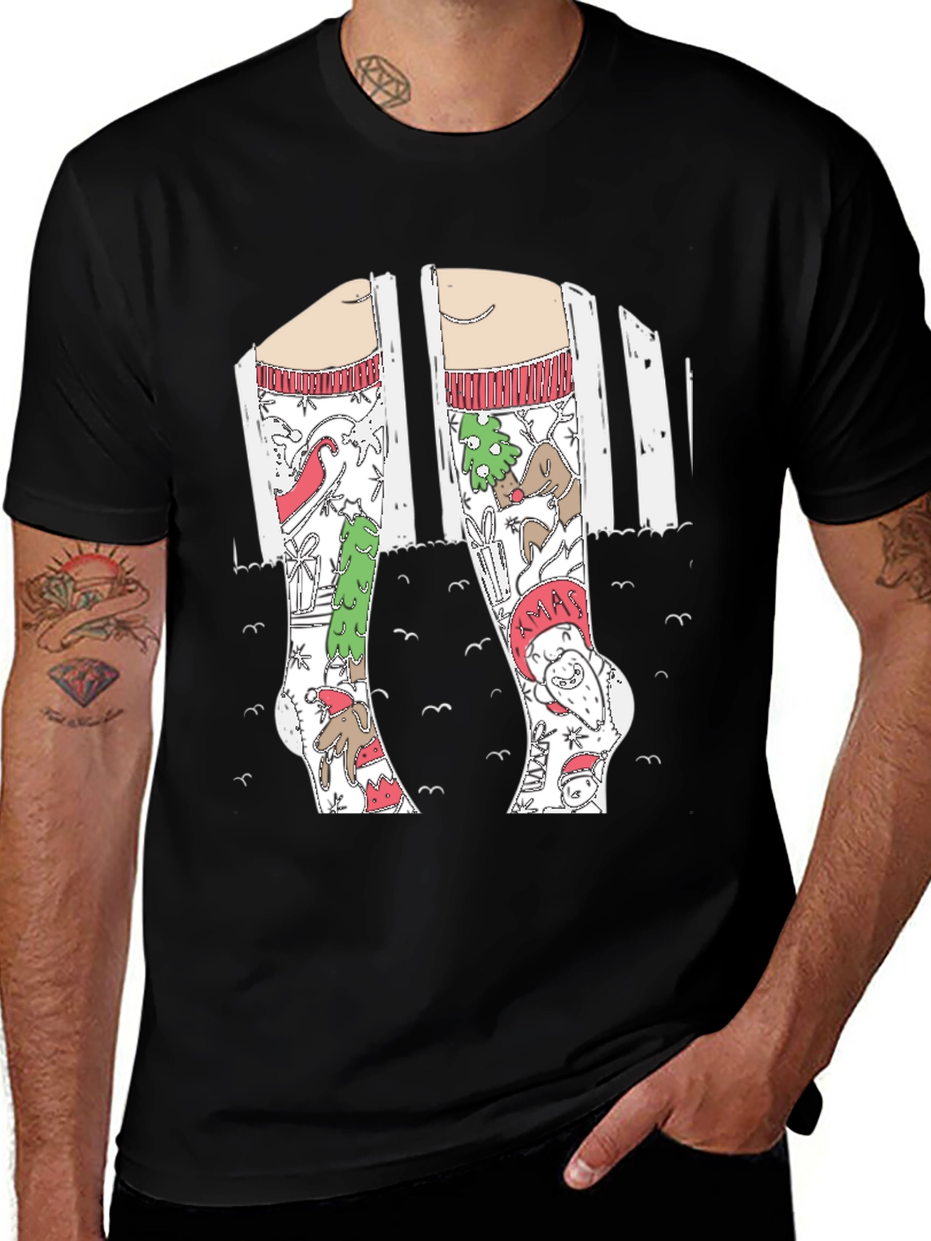 Festive Holiday Socks Graphic Tee - Christmas Fun