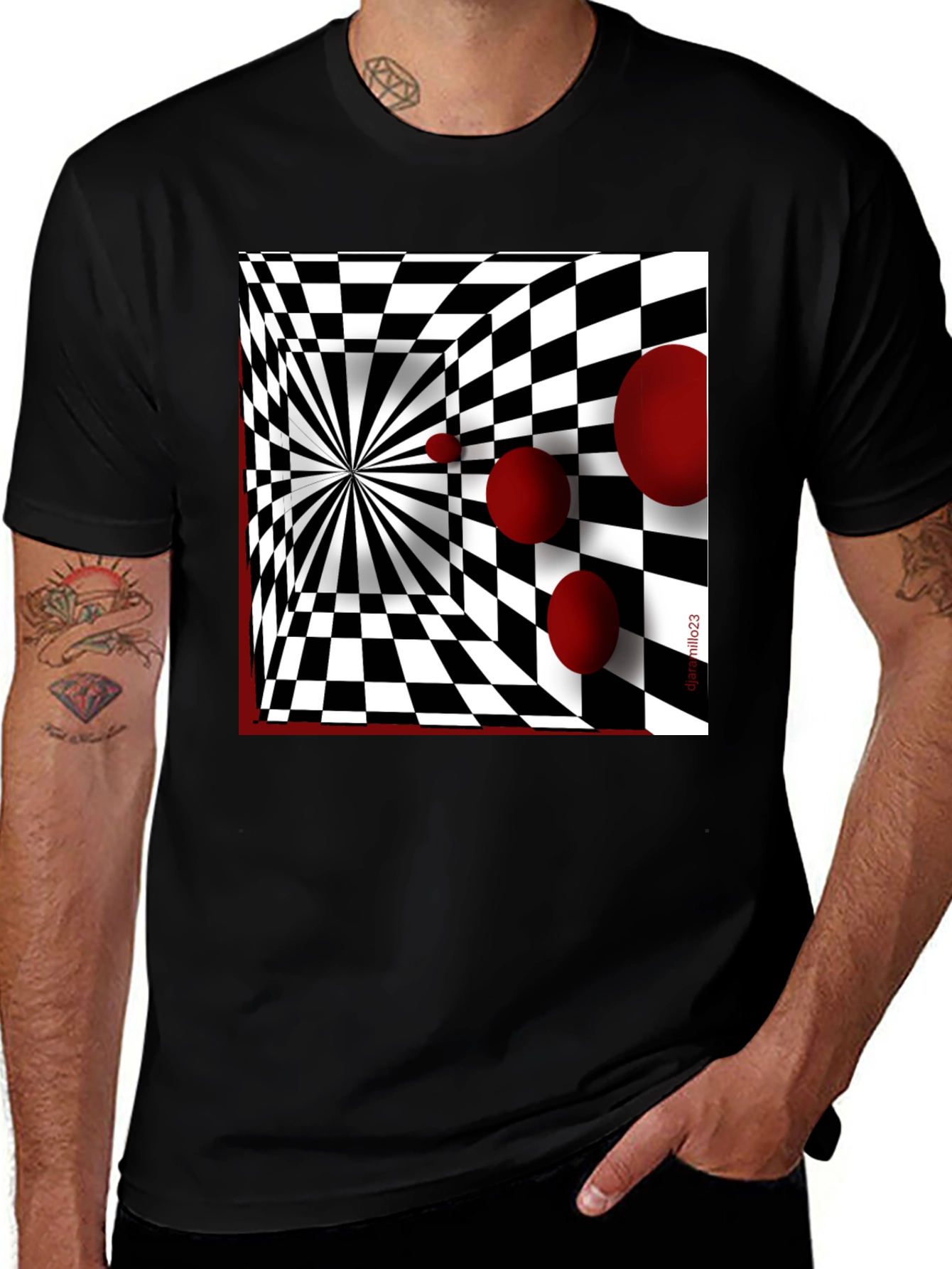 Variant 2 of Optical Illusion Red Orb Black T-Shirt