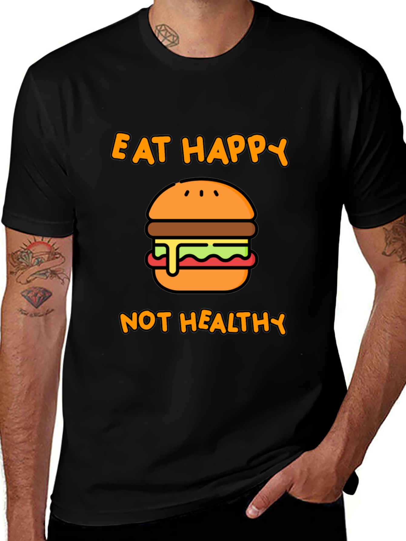 Variant 13 of Eat Happy Not Healthy T-Shirt - Black Graphic Tee