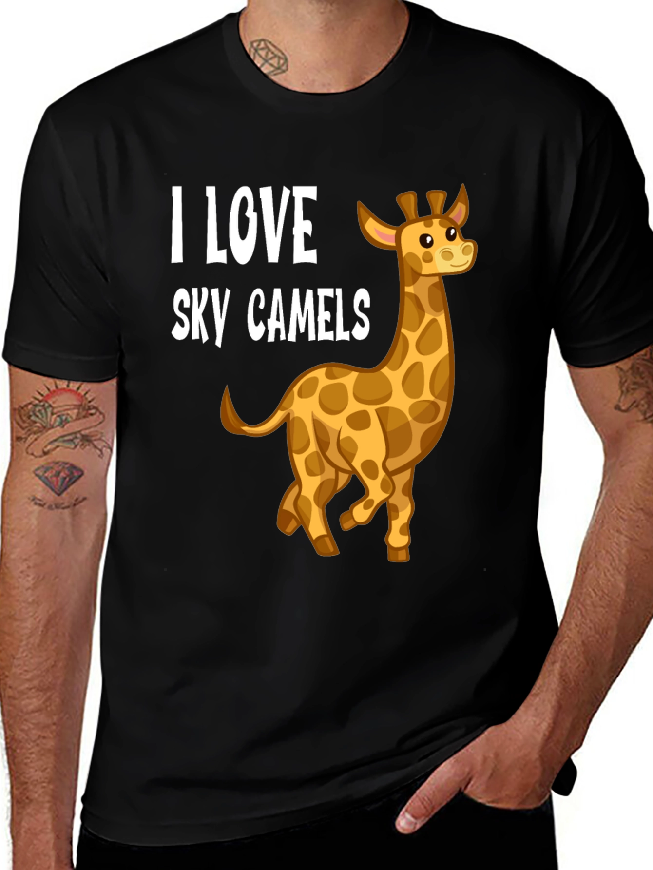 Variant 10 of I Love Sky Camels Giraffe Graphic Black T-Shirt
