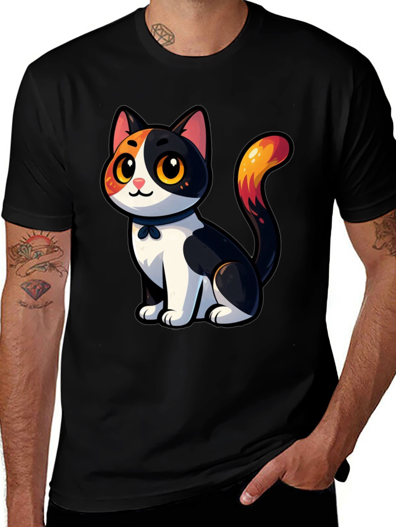 Cartoon Cat Graphic T-Shirt - Unisex Black Tee