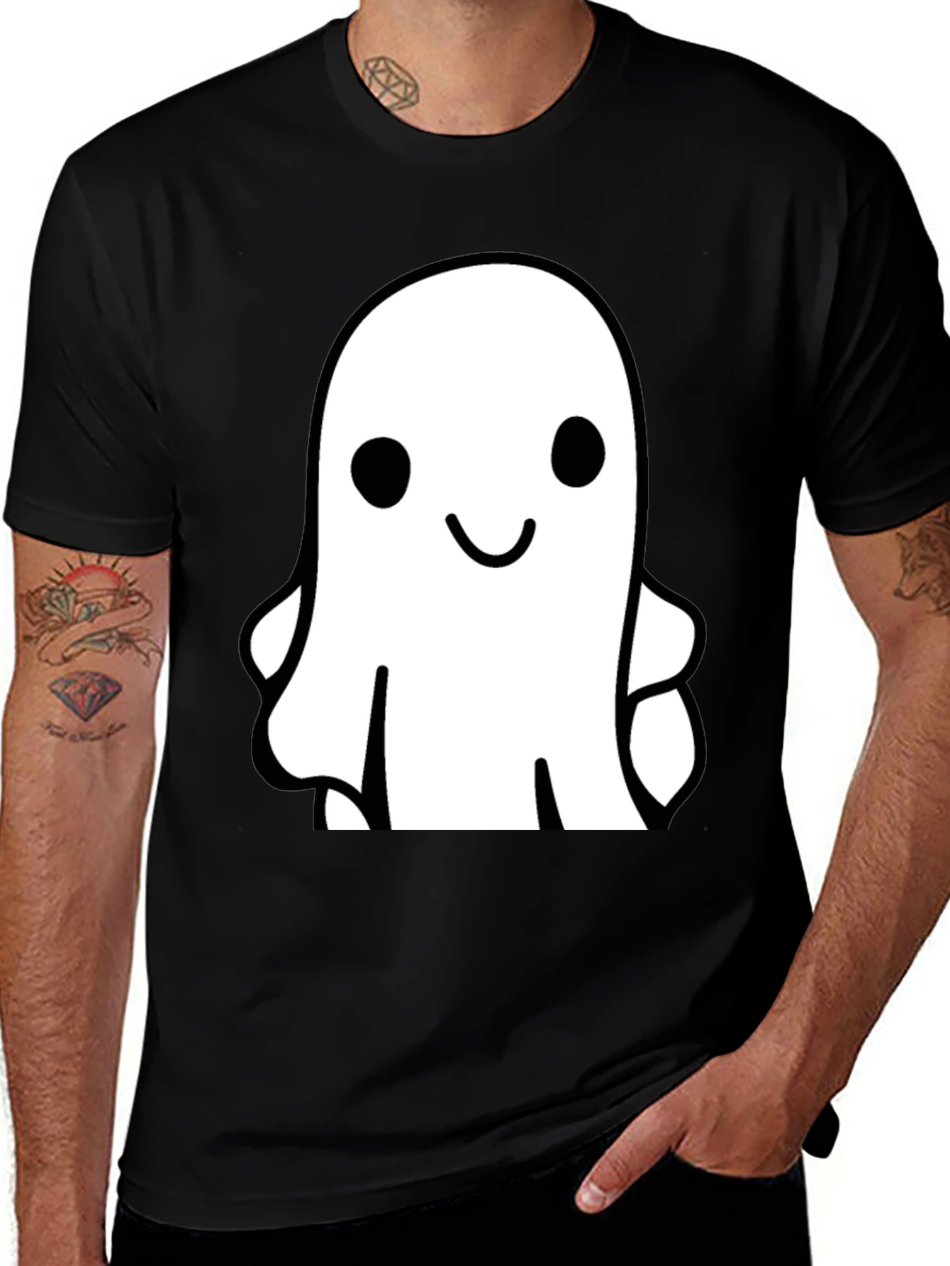 Variant 27 of Cute Ghost Graphic Tee - Black Cotton T-Shirt