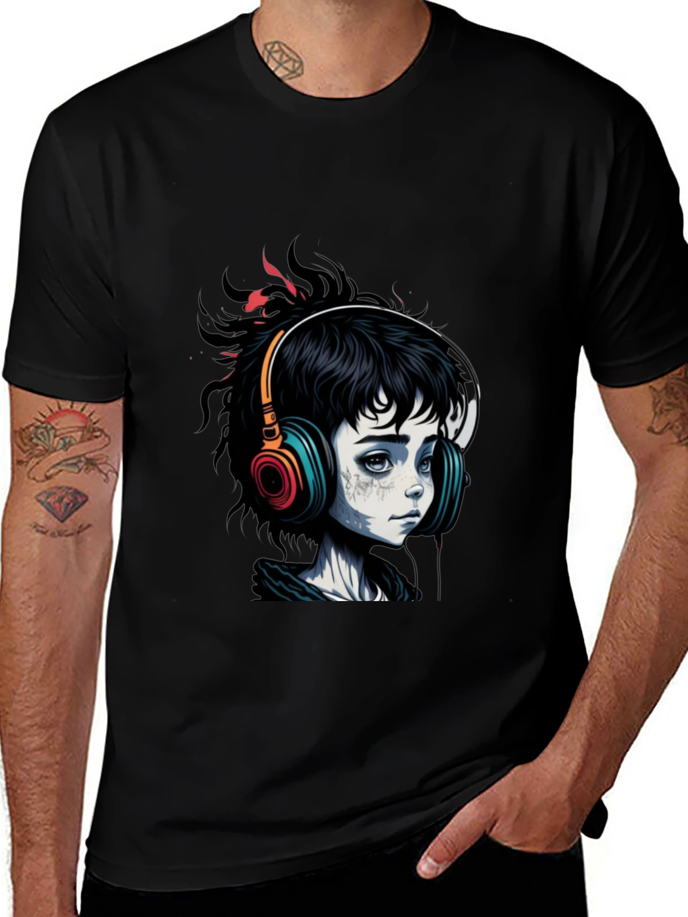 Variant 10 of Graphic Tee - Girl with Headphones Black Cotton Blend