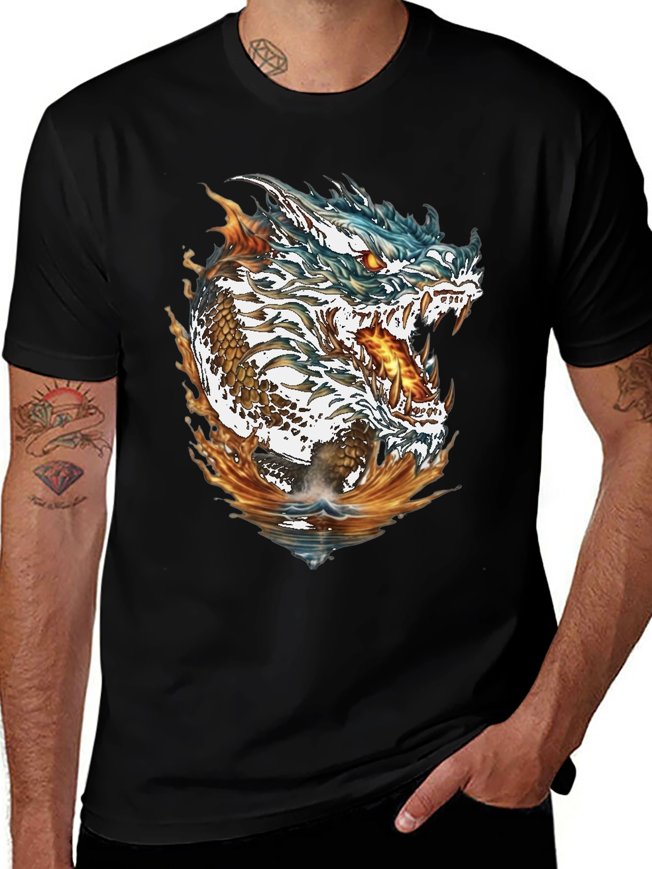 Dragon Fire & Water Graphic Print Black T-Shirt
