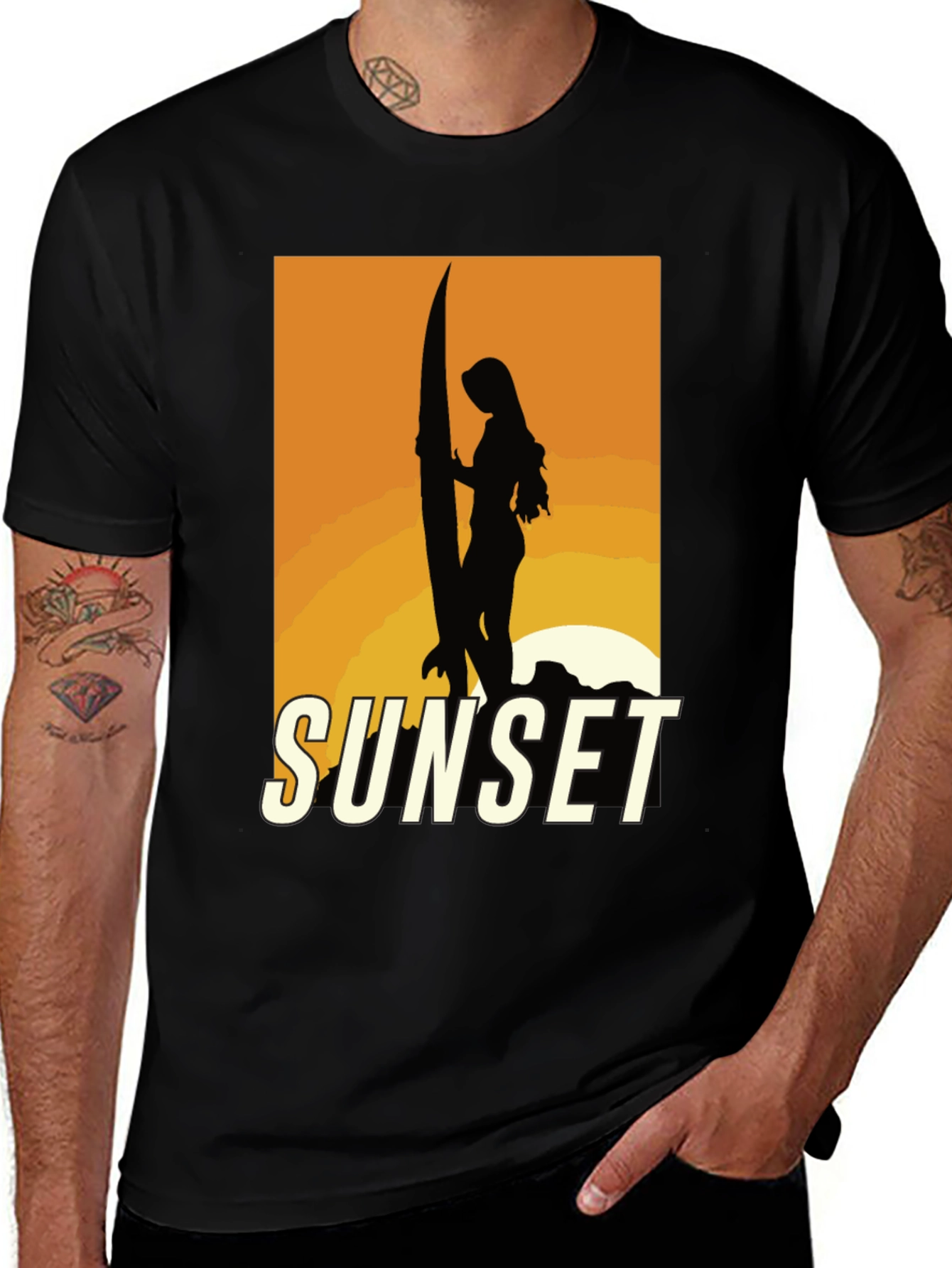Variant 23 of Sunset Surfer Graphic Tee - Black Cotton T-Shirt