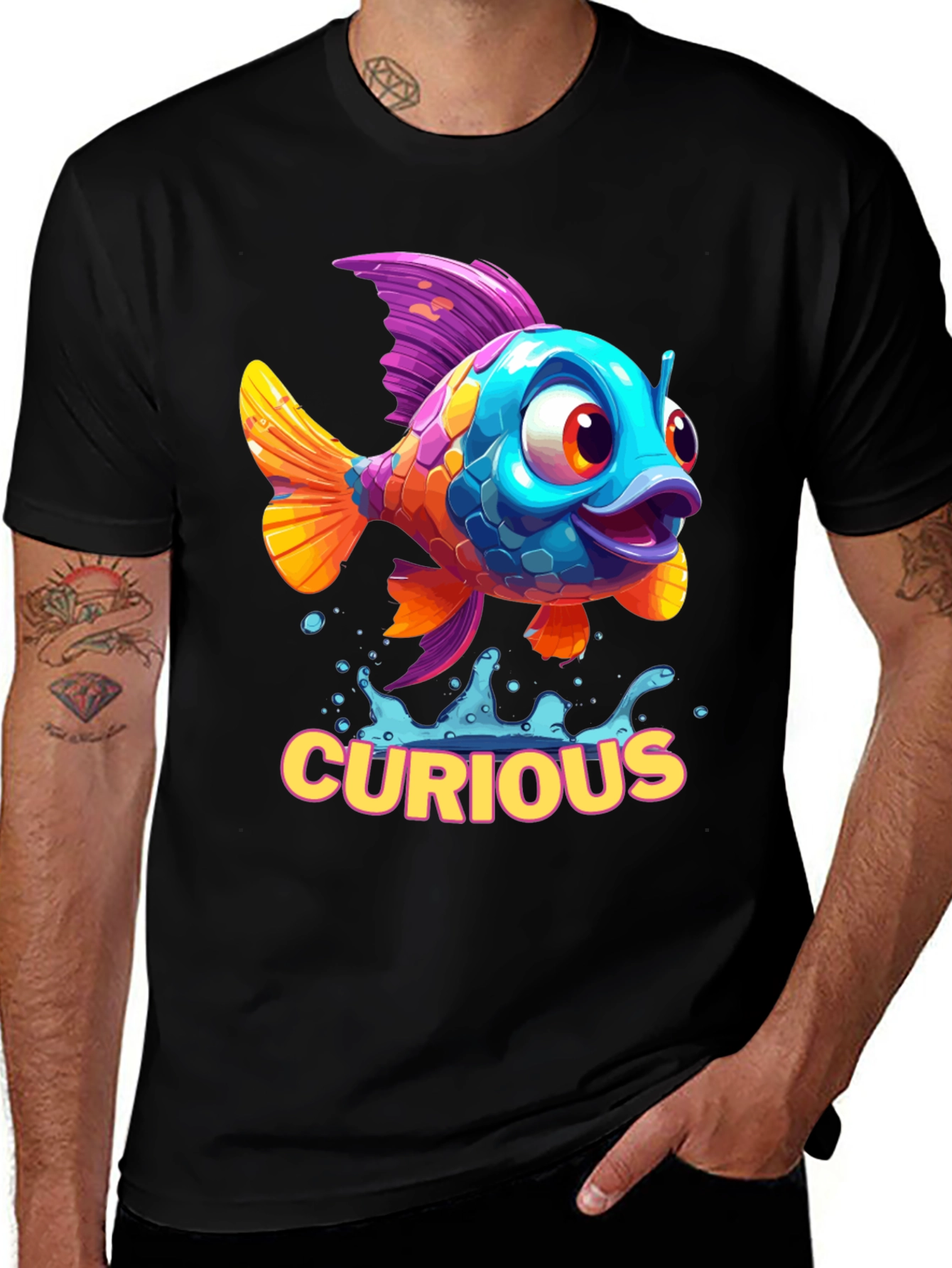 Curious Cartoon Fish Graphic Tee - Black
