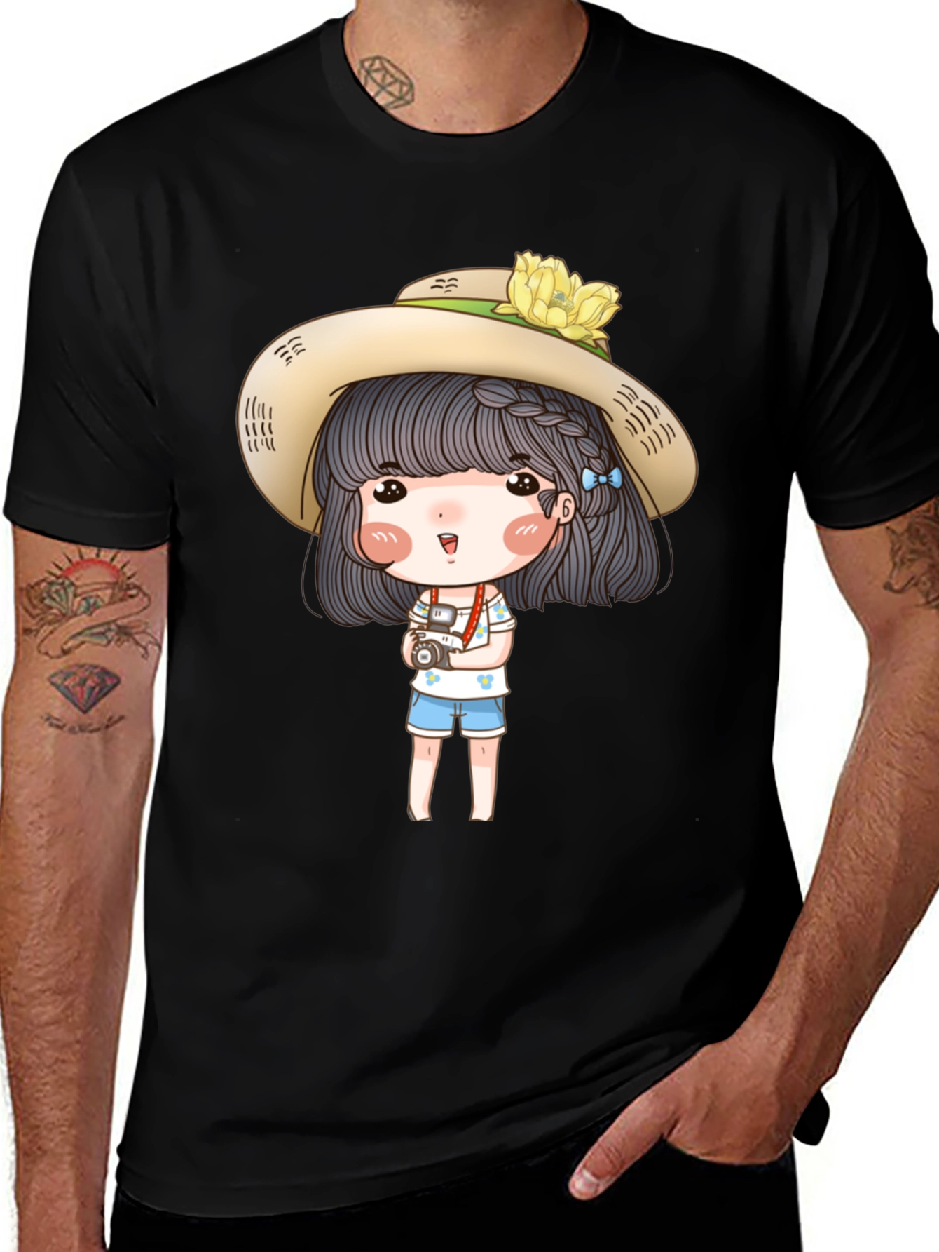 Variant 12 of Cartoon Girl with Camera Graphic Tee - Black