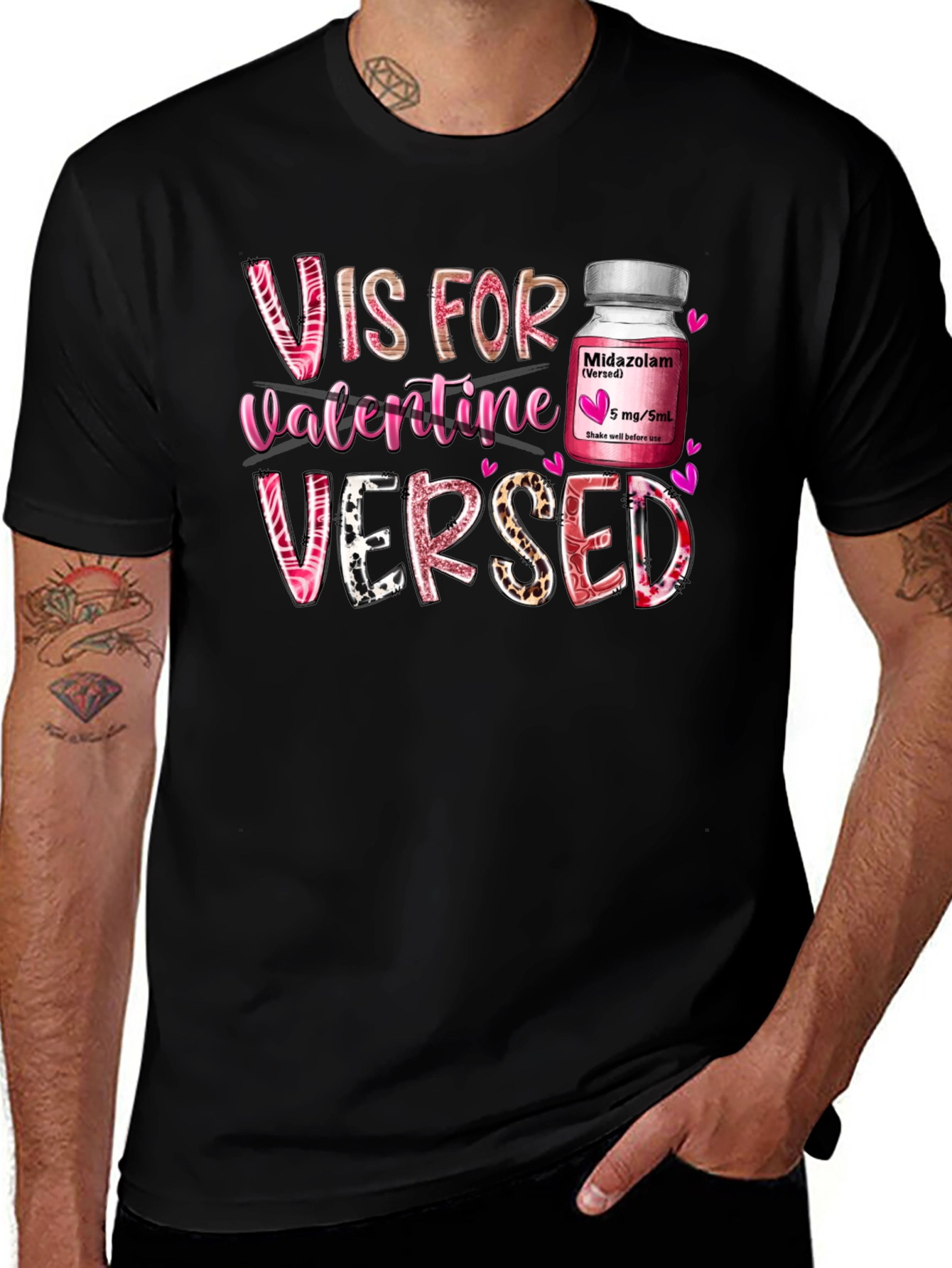 Variant 2 of Valentine's Versed Midazolam Funny Black T-Shirt