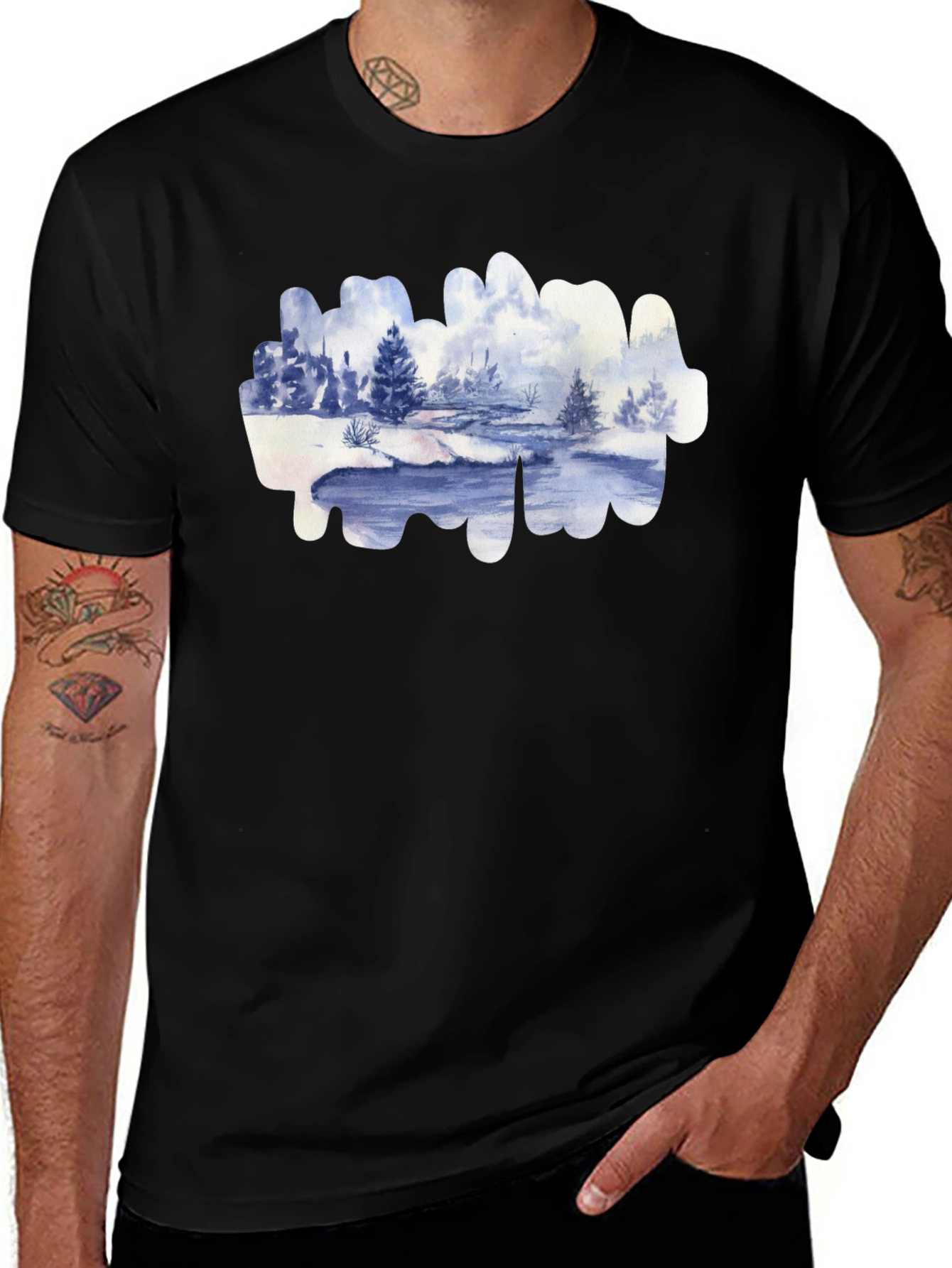 Variant 10 of Watercolor Winter Landscape Black T-Shirt