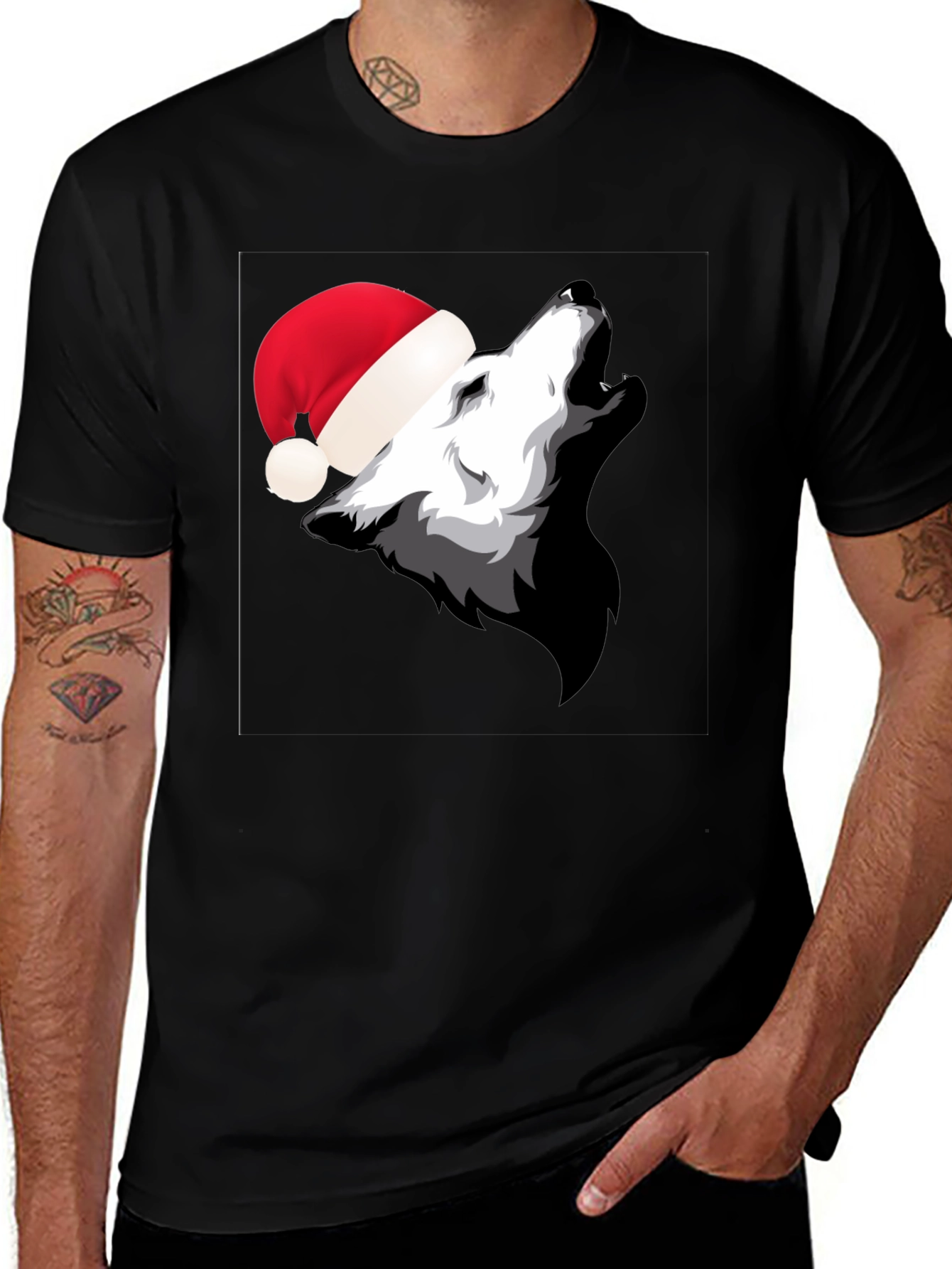 Variant 4 of Wolf Howling in Santa Hat Black T-Shirt