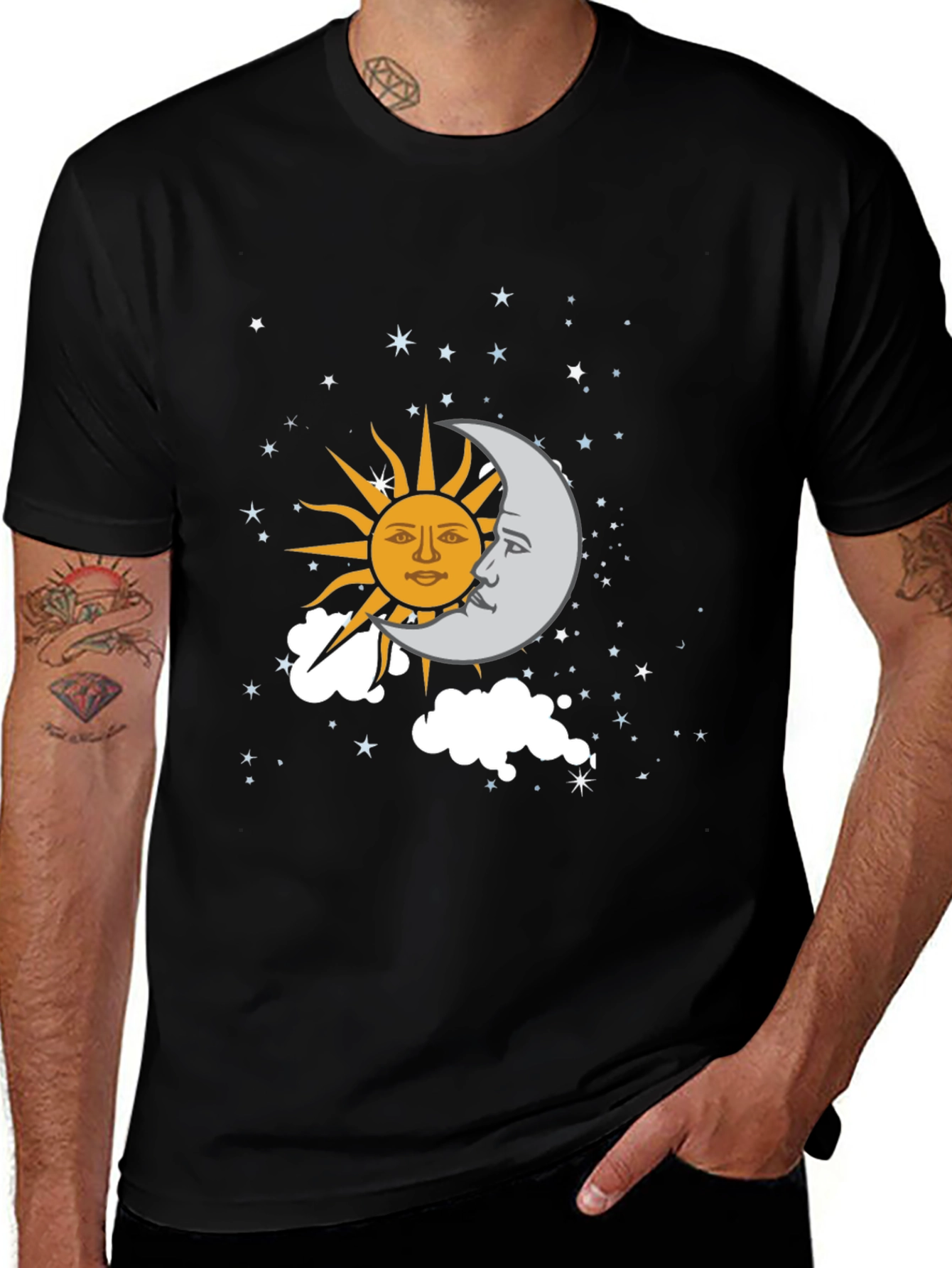 Variant 6 of Celestial Sun and Moon Graphic Tee - Black Cotton Shirt