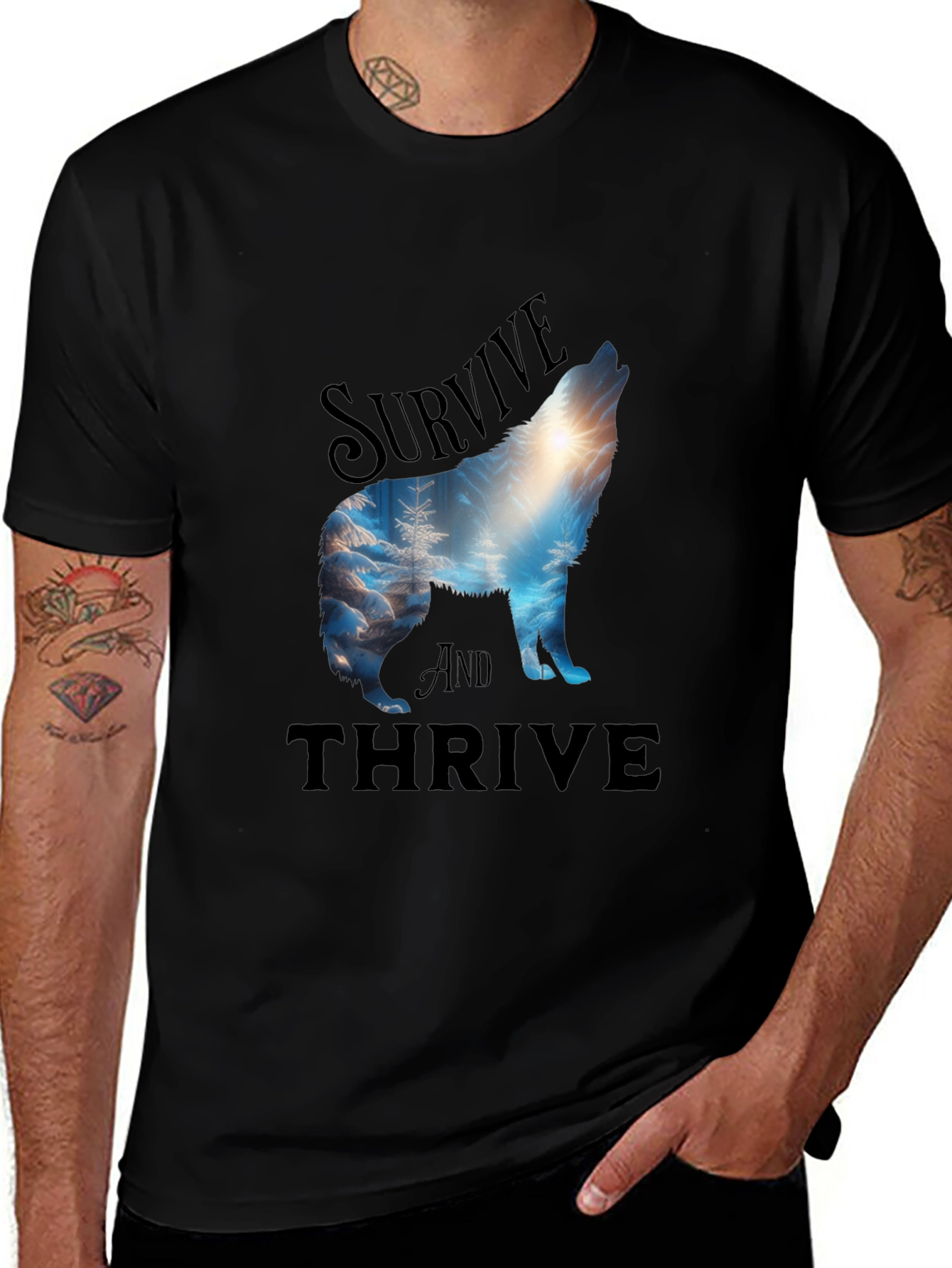 Variant 27 of Survive and Thrive Wolf Graphic Black T-Shirt