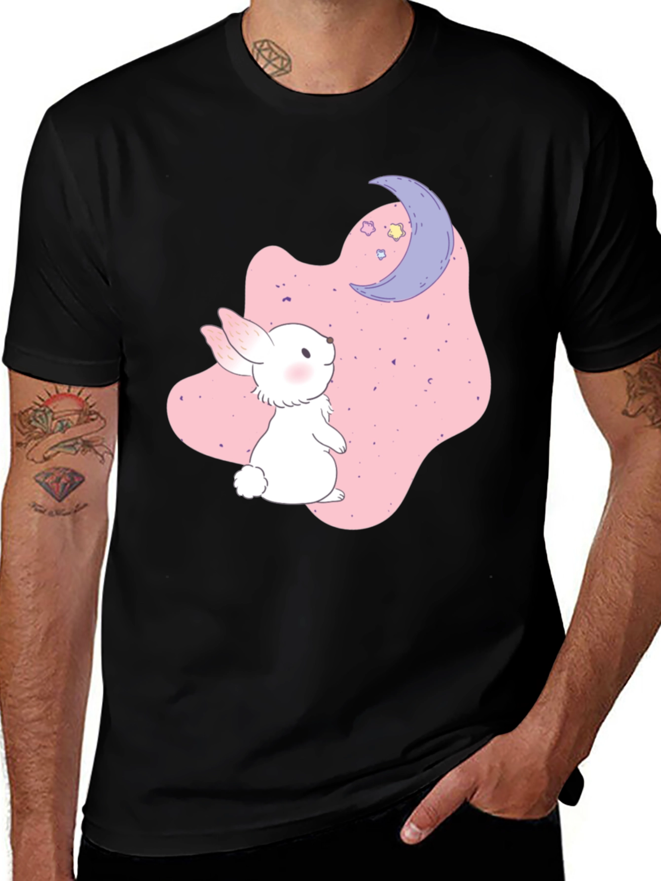 Variant 27 of Cute Bunny & Moon Graphic Black T-Shirt