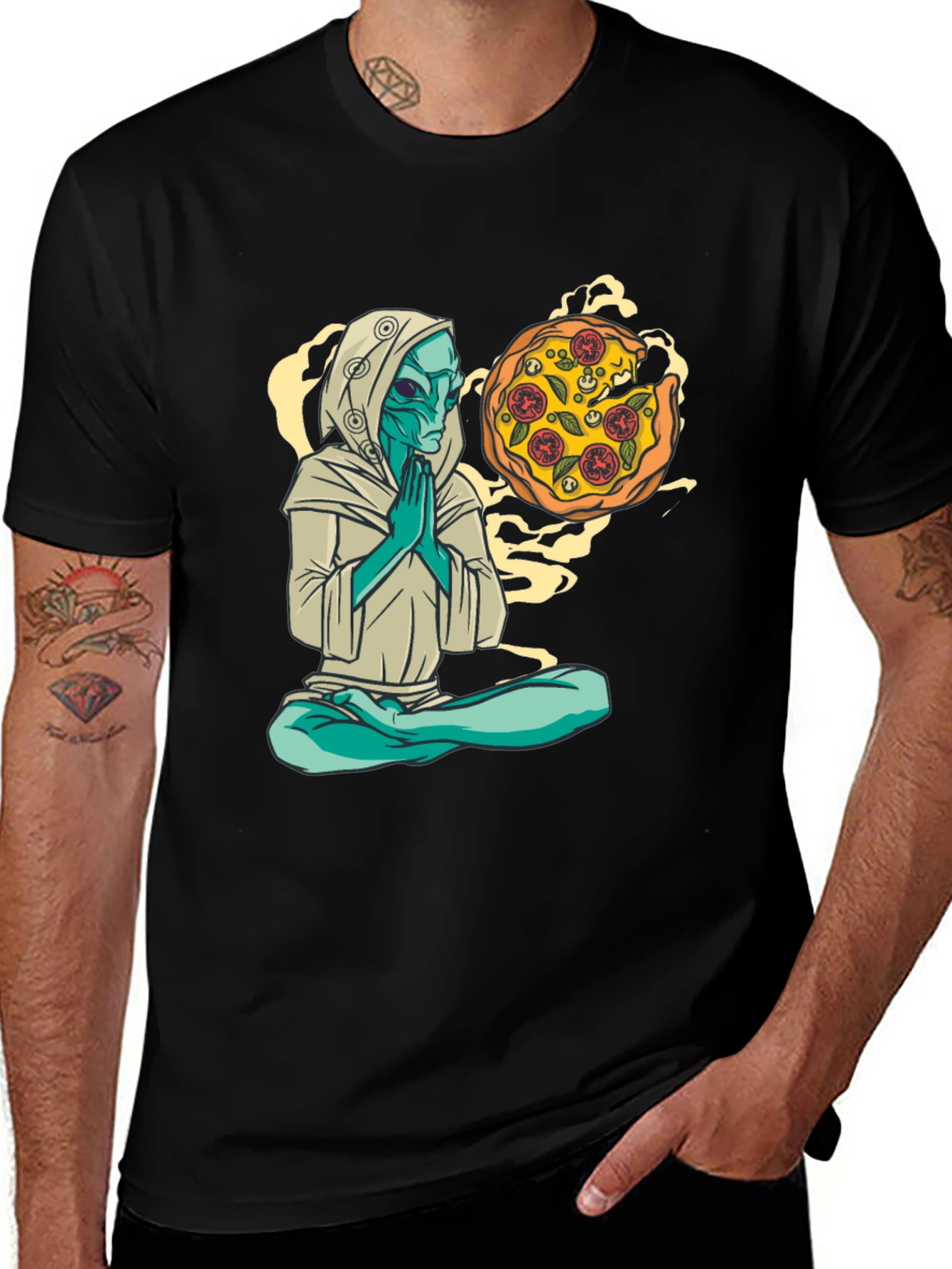 Variant 7 of Alien Pizza Meditating T-Shirt