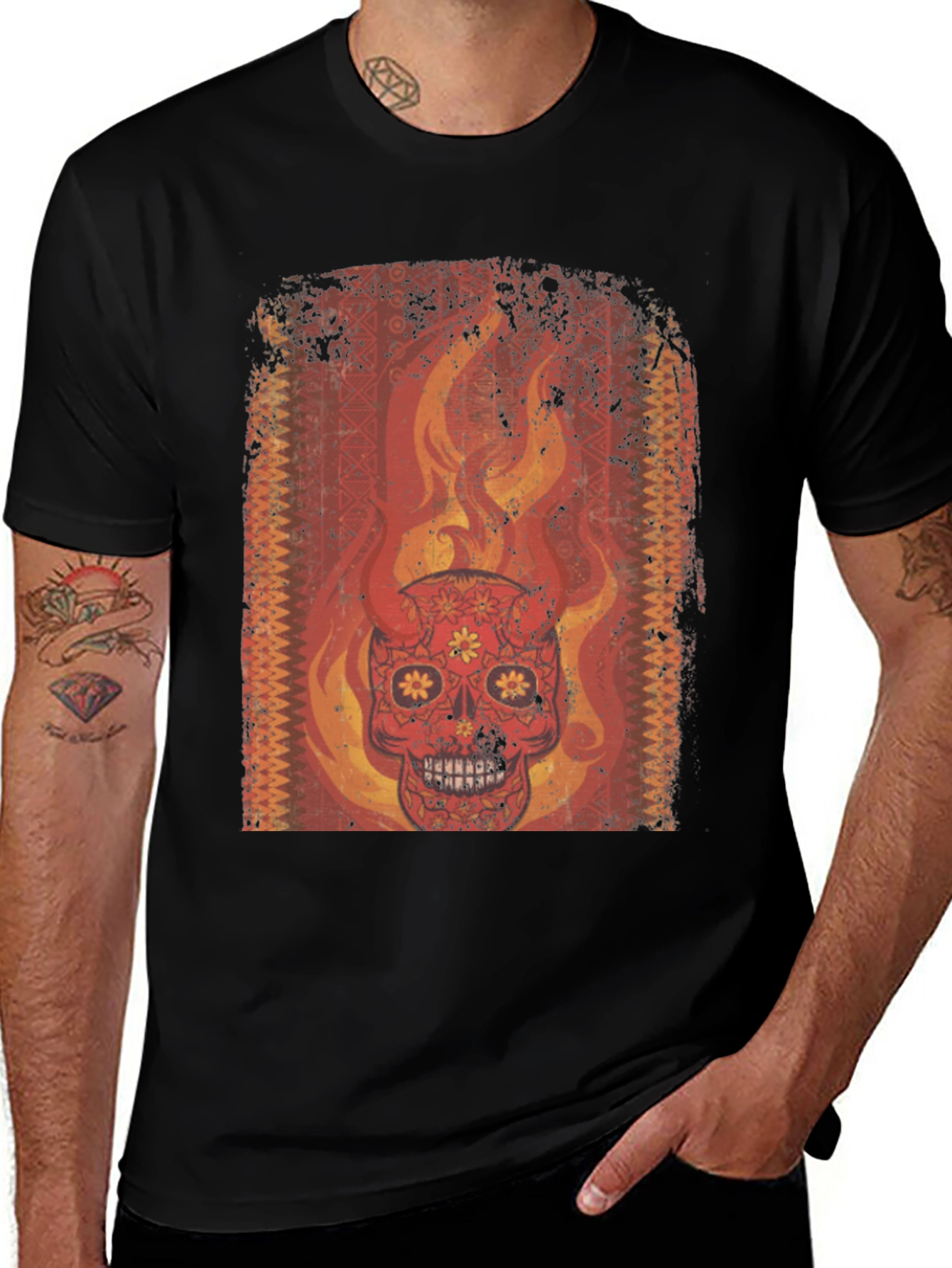 Variant 12 of Fiery Sugar Skull Graphic Tee - Bold Black T-Shirt