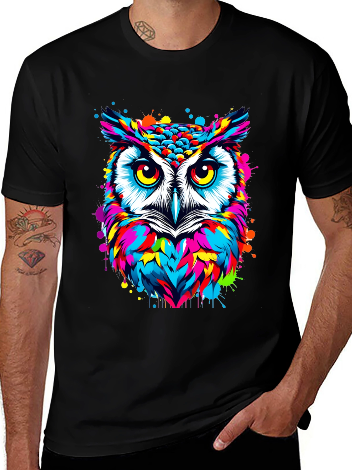 Variant 14 of Vibrant Owl Graphic Print Black T-Shirt