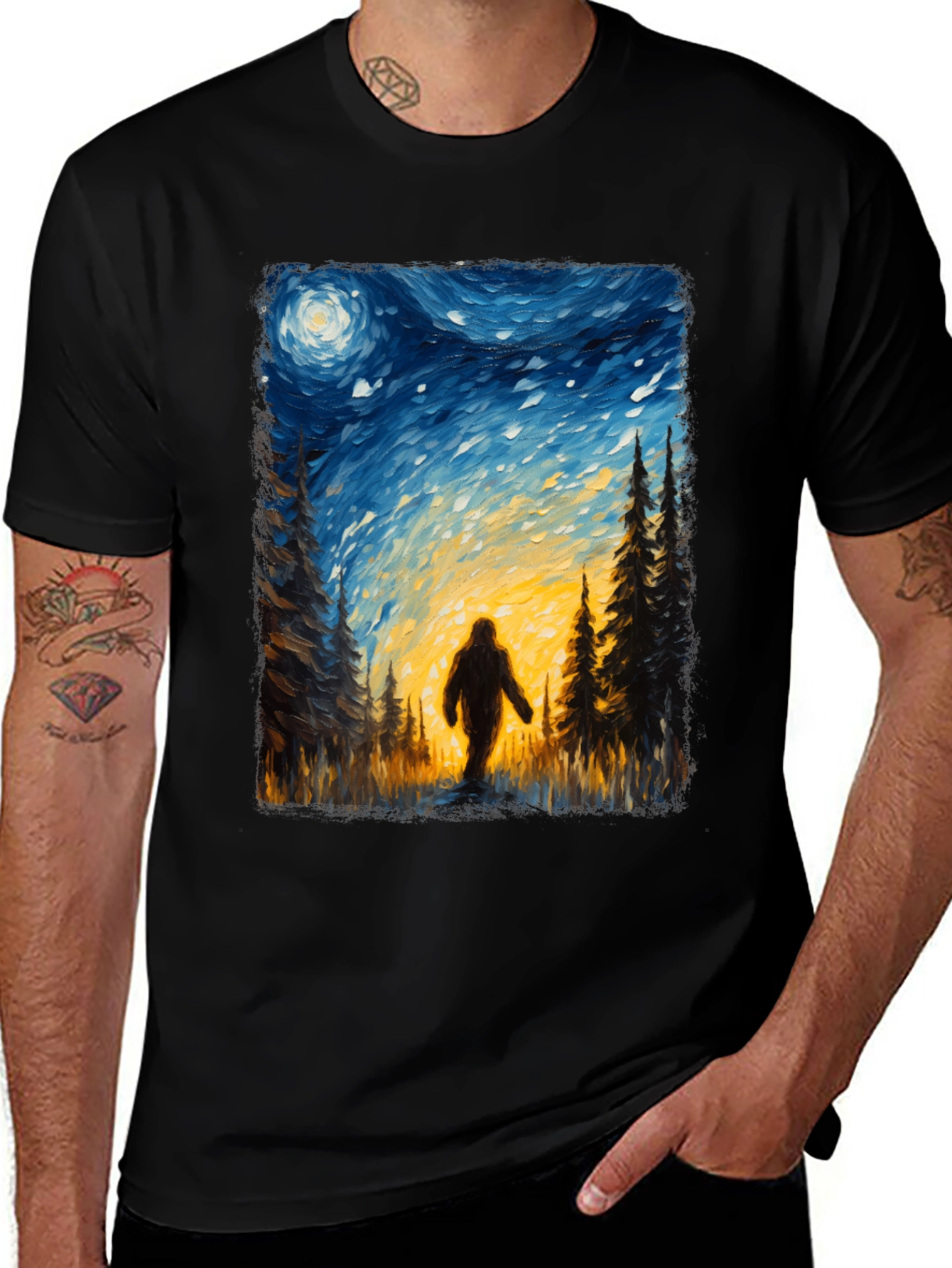 Bigfoot Silhouette T-Shirt - Starry Night Design