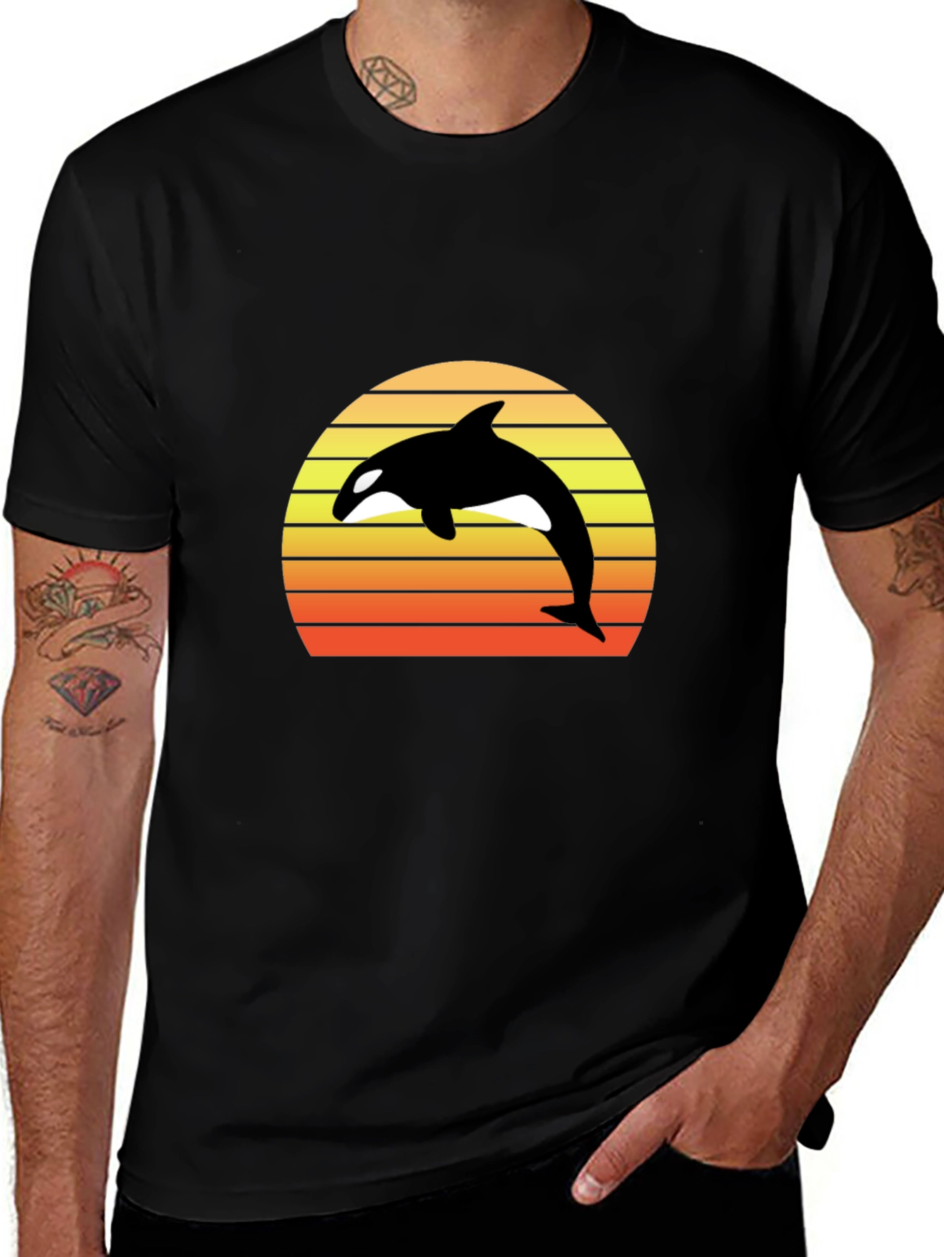 Retro Orca Sunset Graphic Tee - Black