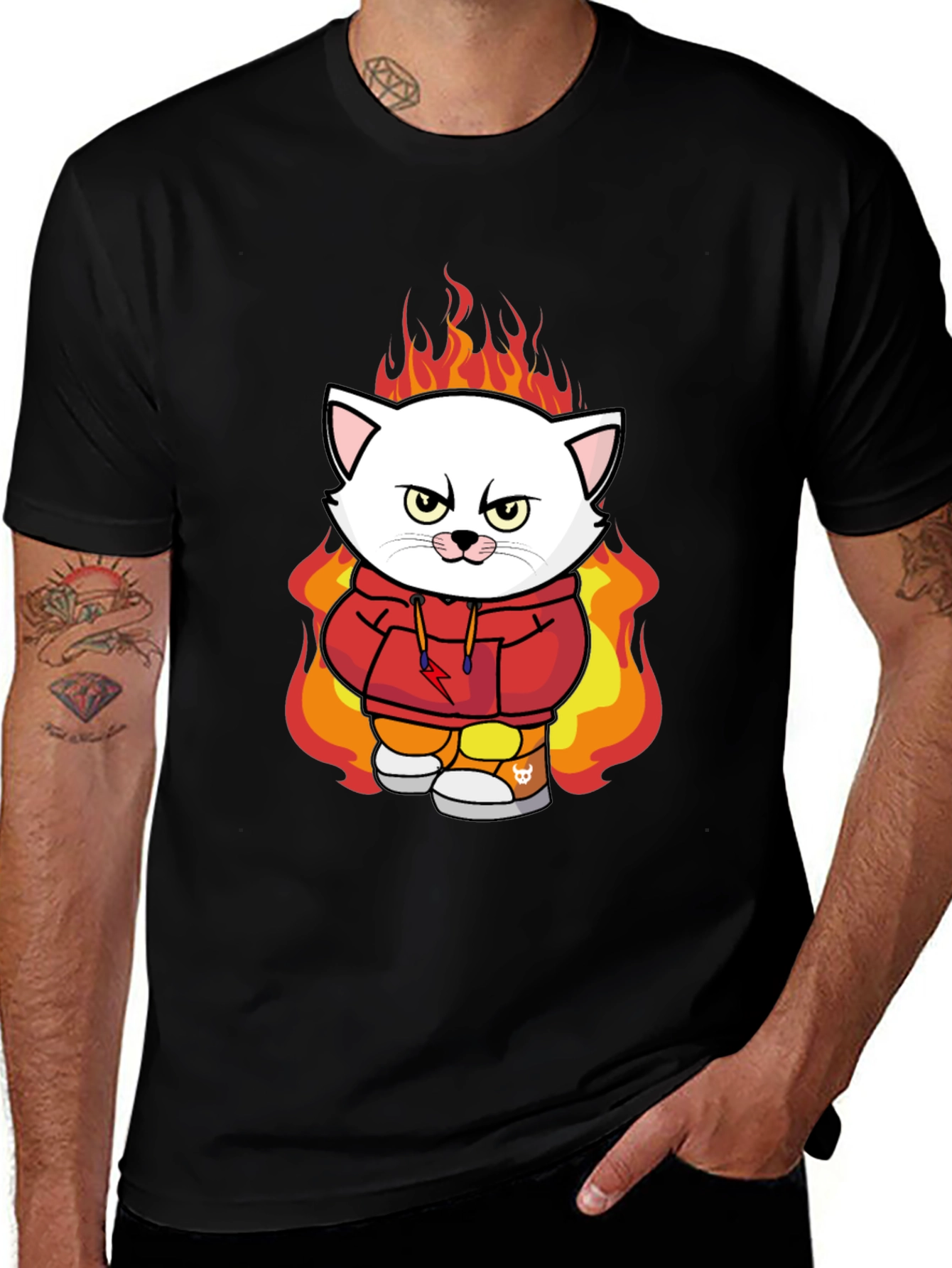 Variant 28 of Fiery Cat Cartoon Graphic Black T-Shirt
