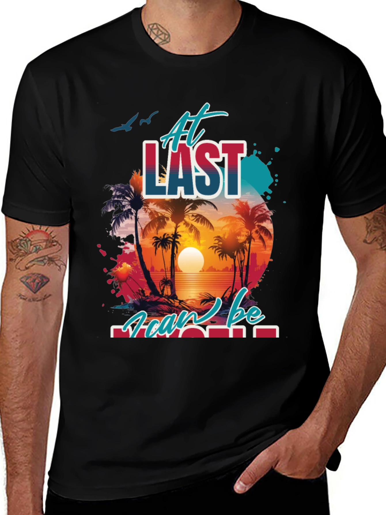 Variant 12 of At Last I Can Be Me Graphic Tee - Tropical Palm Sunset Design