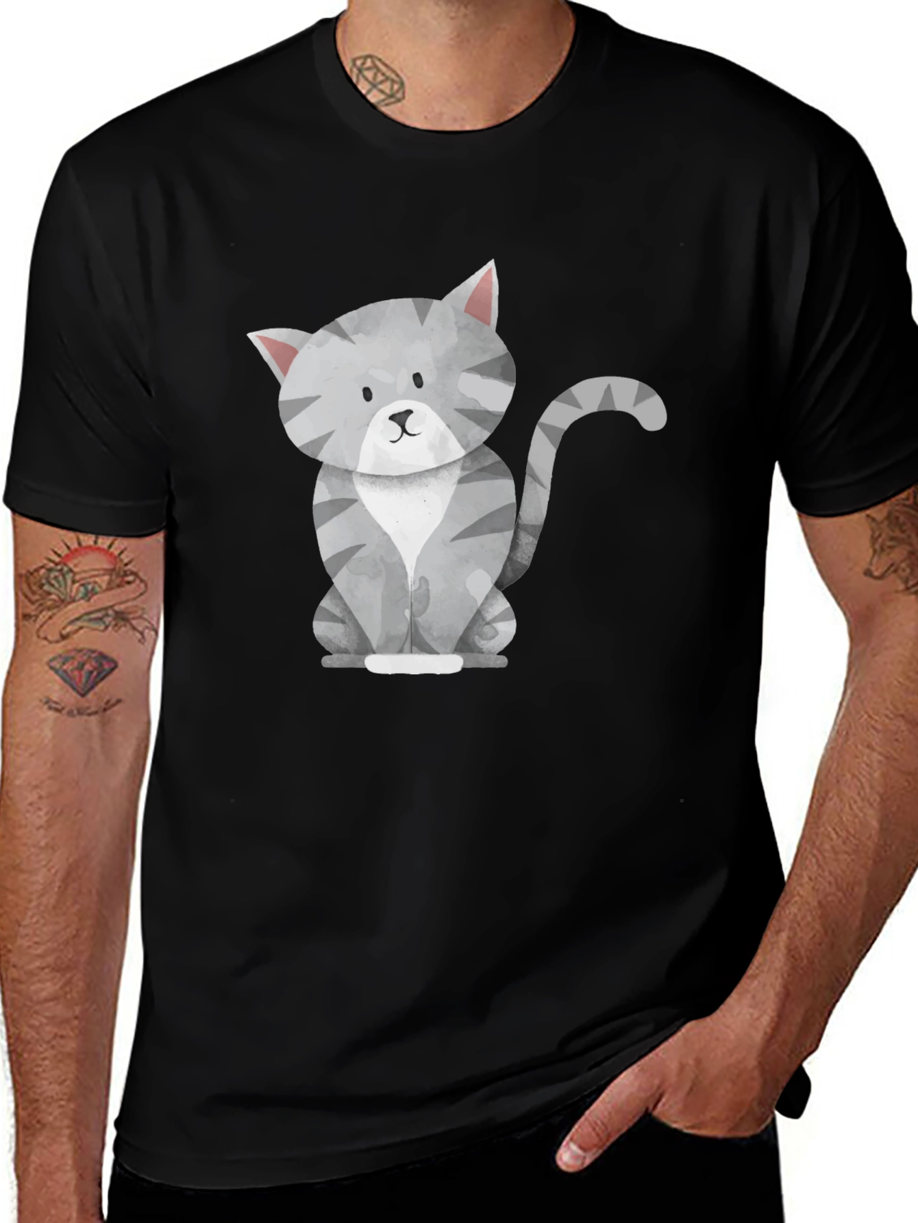 Variant 26 of Cute Gray Cat Graphic Tee - Men's Black T-Shirt