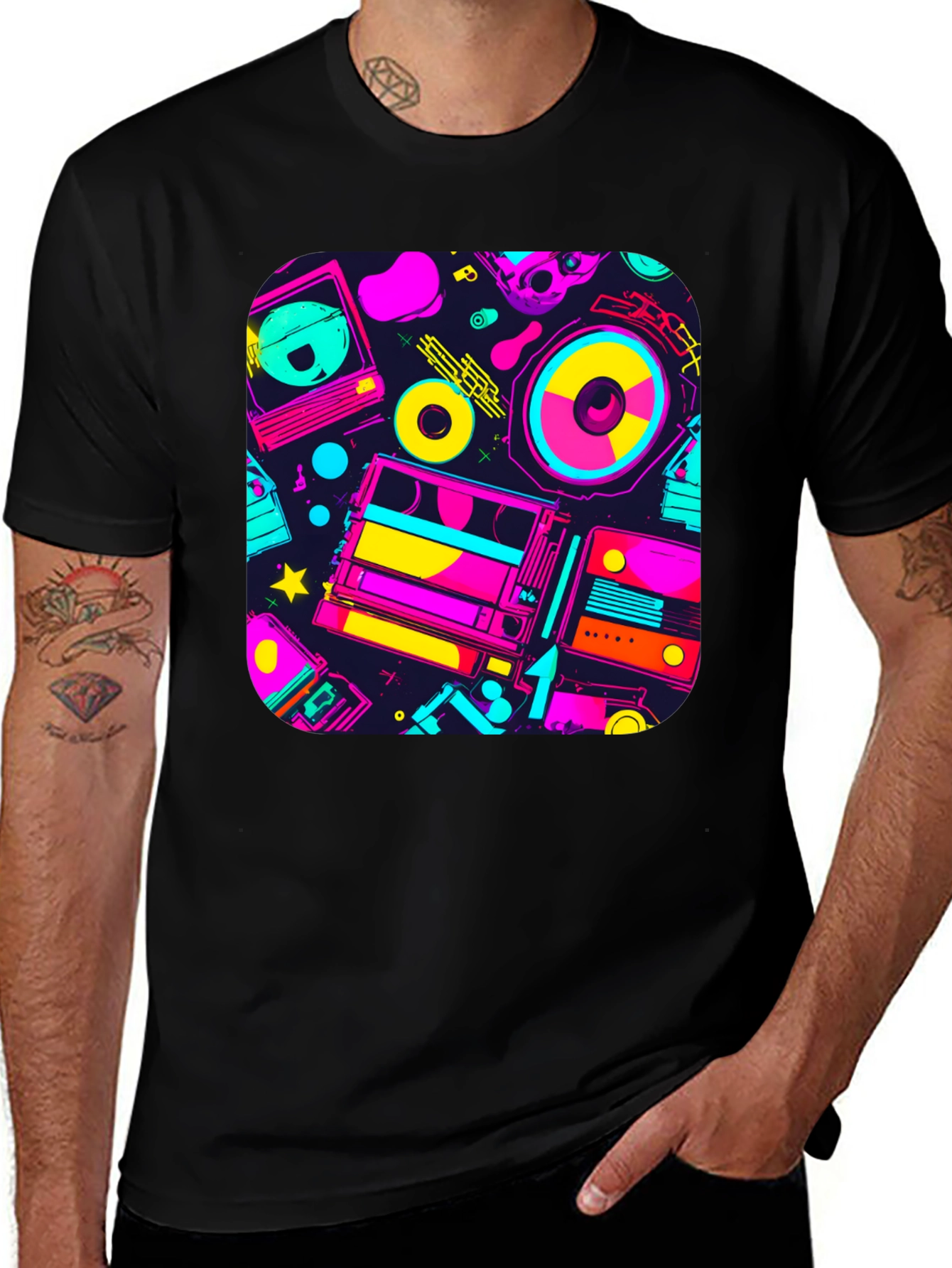 Retro 80s Music Print Black T-Shirt