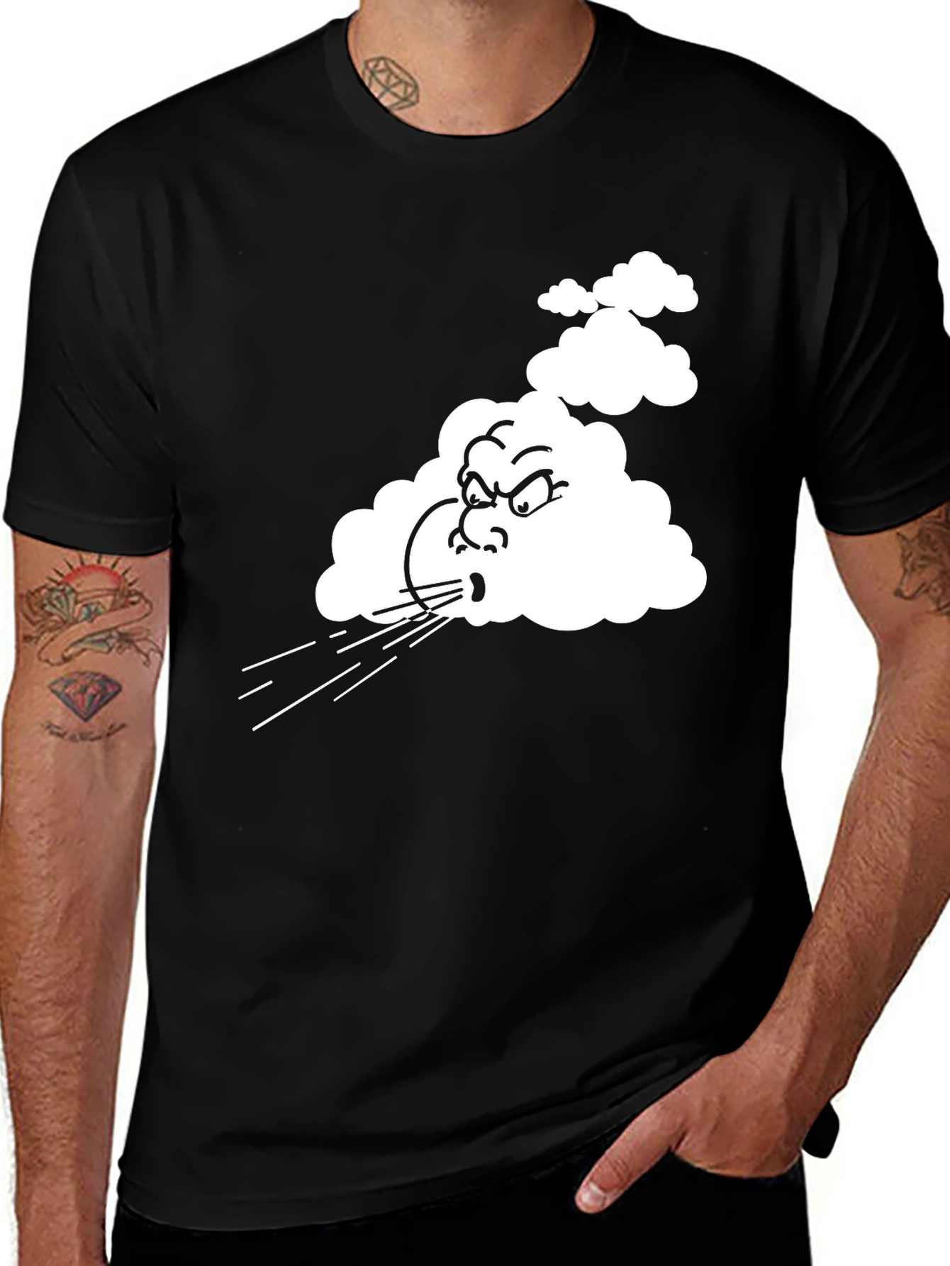 Variant 25 of Men's Black T-Shirt with Cartoon Blowing Wind Graphic