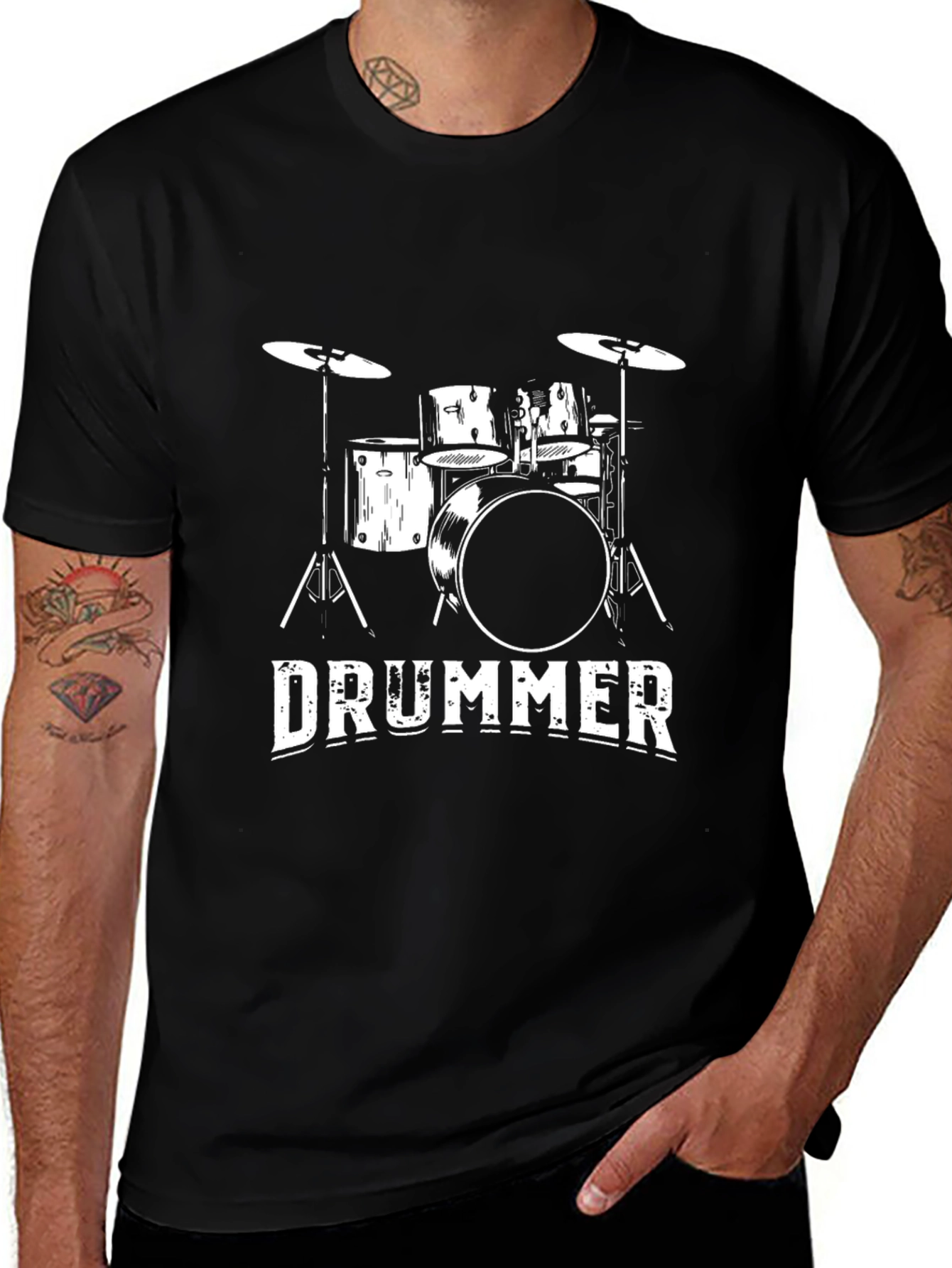 Drummer T-Shirt - Black Cotton Tee with Drum Kit Graphic