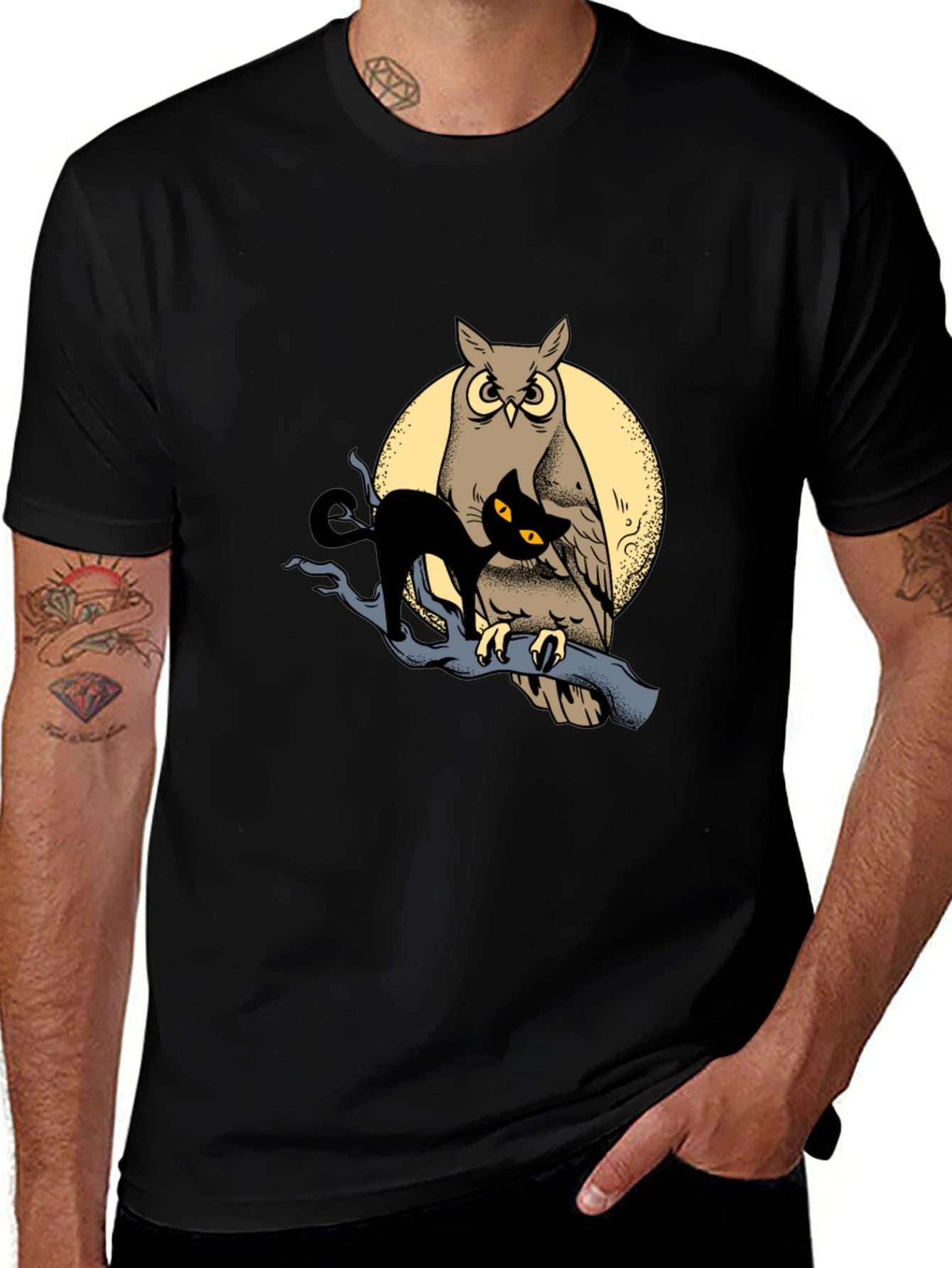 Variant 27 of Owl and Cat Graphic Tee - Black Cotton T-Shirt