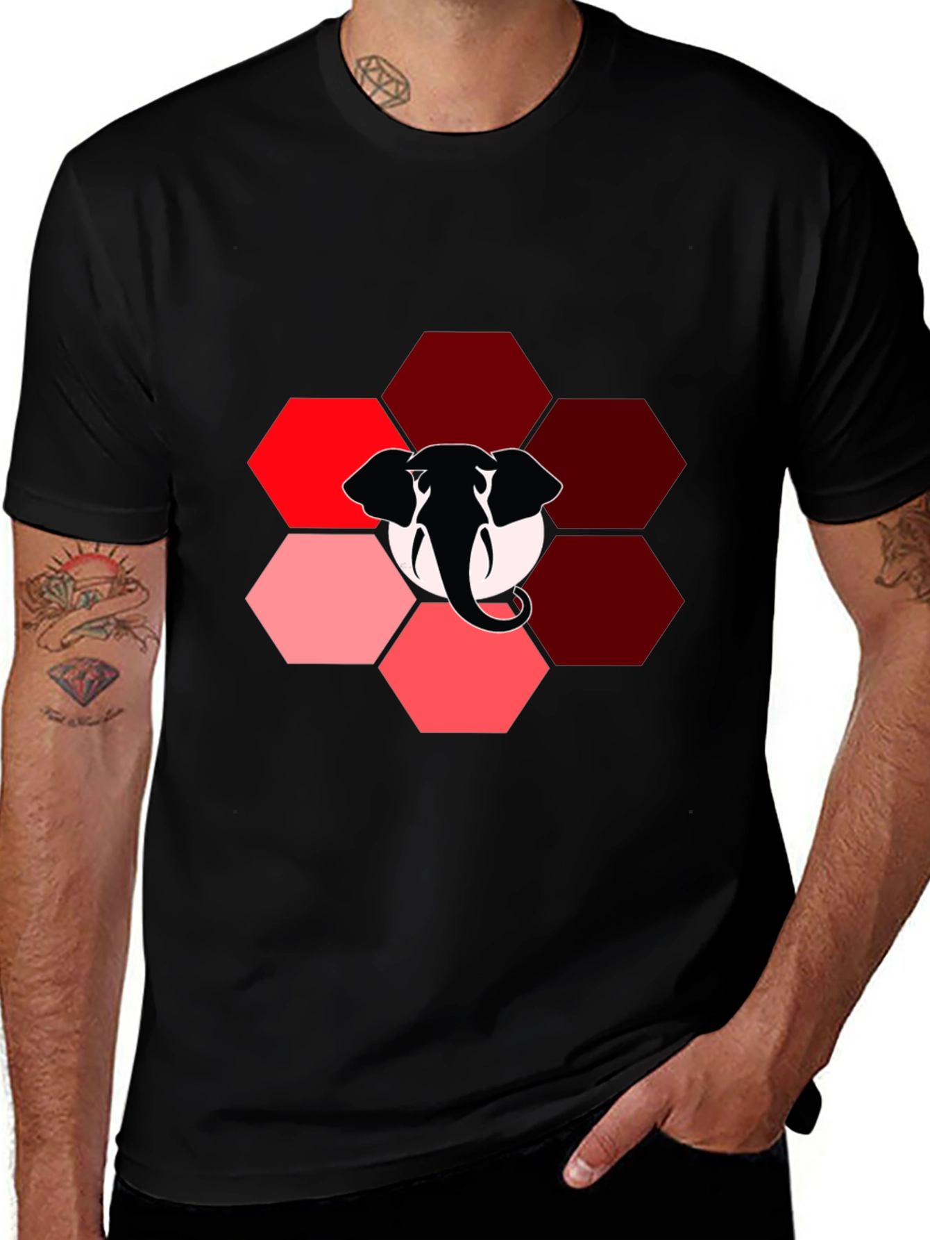 Variant 15 of Elephant Hexagon Graphic Black T-Shirt