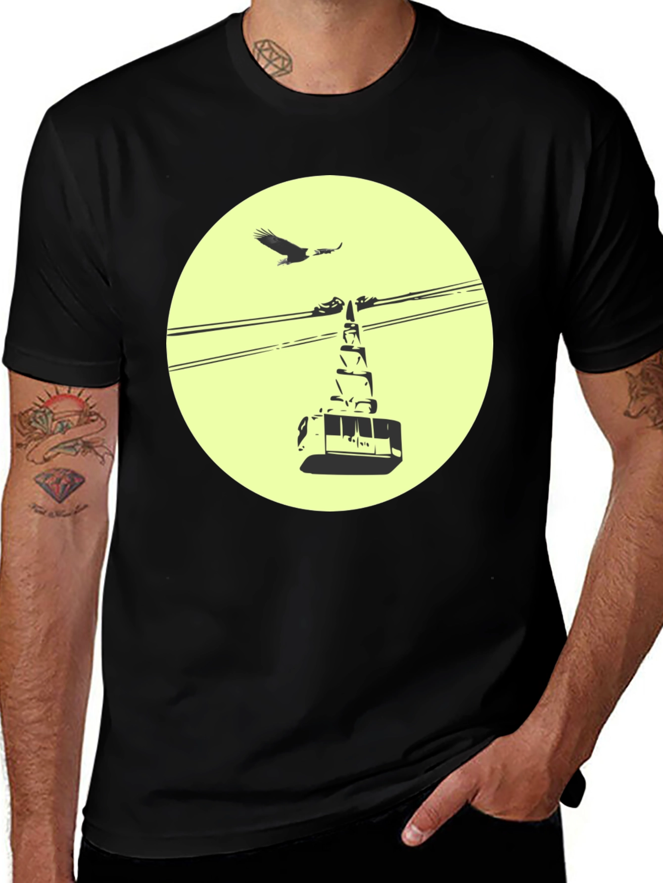Variant 27 of Graphic Tee: Cable Car & Eagle Black Cotton T-Shirt