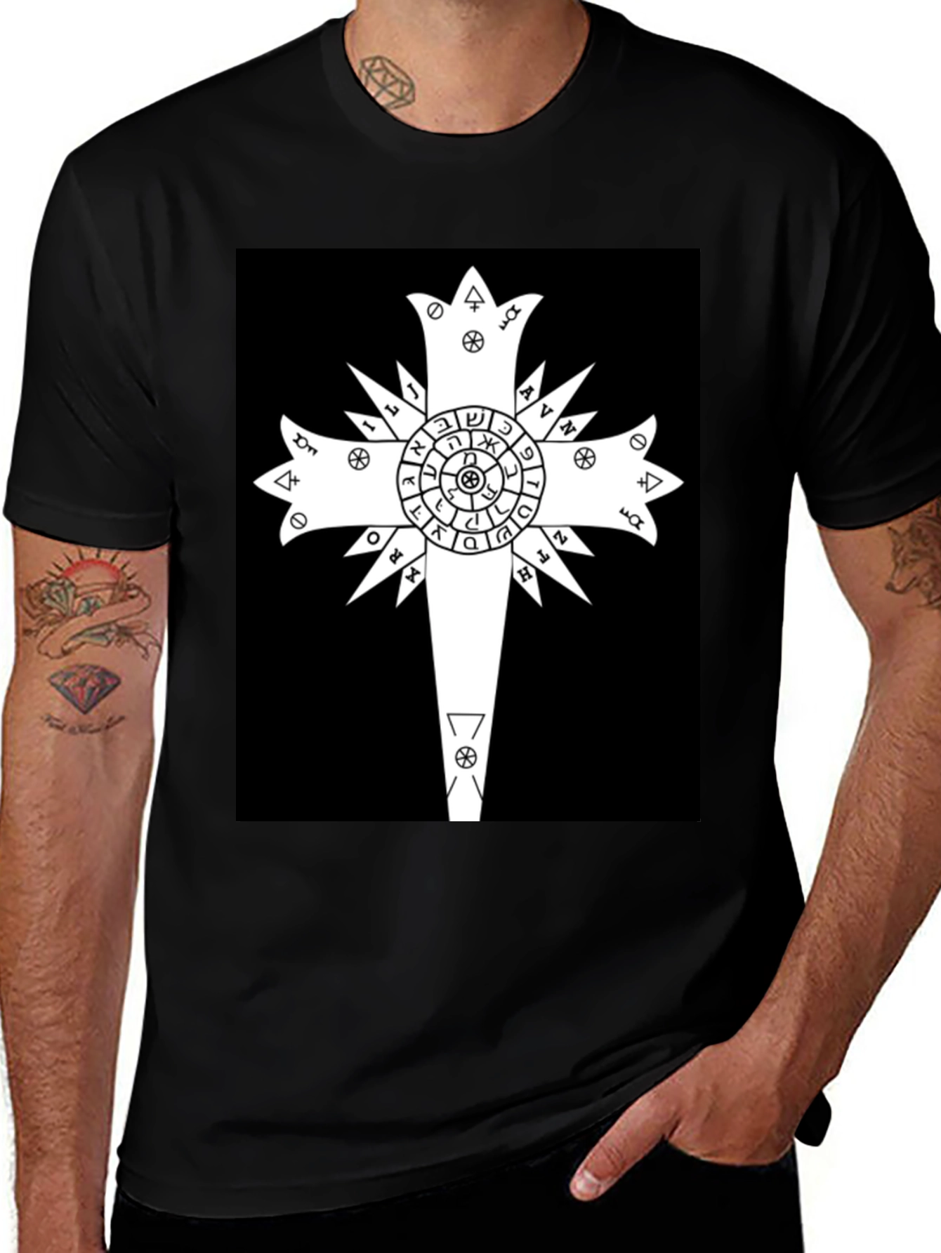 Variant 7 of Symbolic Cross Graphic Tee - Occult Design Black Shirt