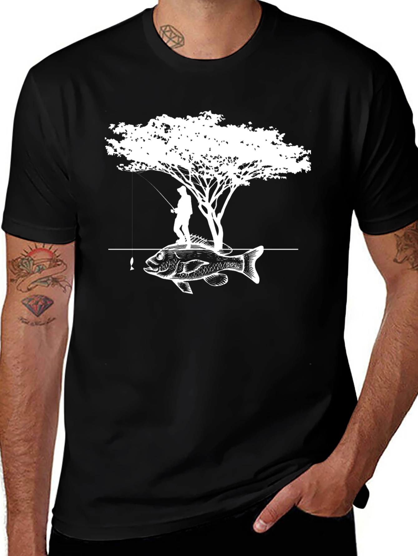 Variant 8 of Fisherman Tree Bass Graphic Tee - Black Cotton Blend