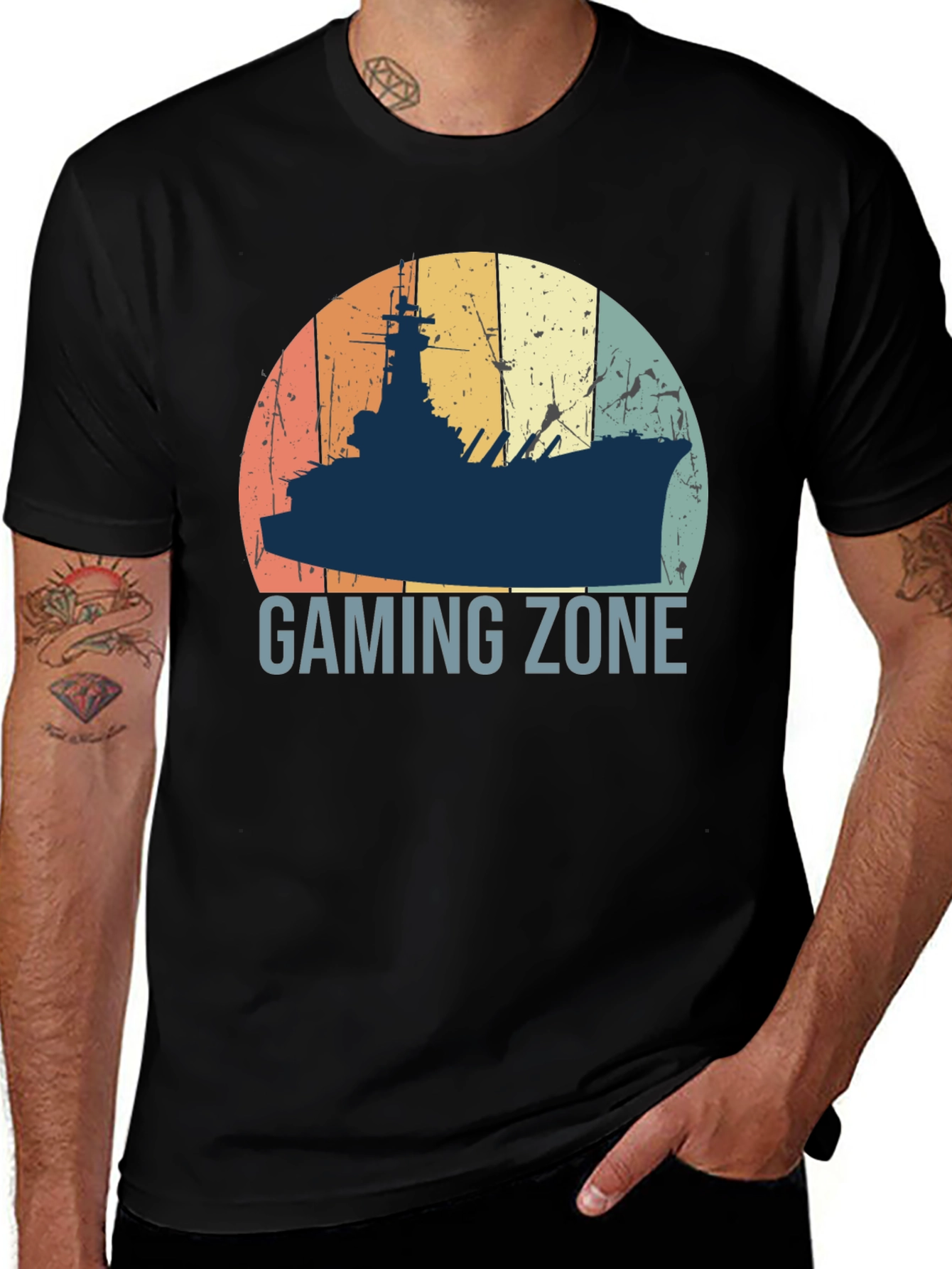 Black Gaming Zone Battleship T-Shirt - Retro Style main image